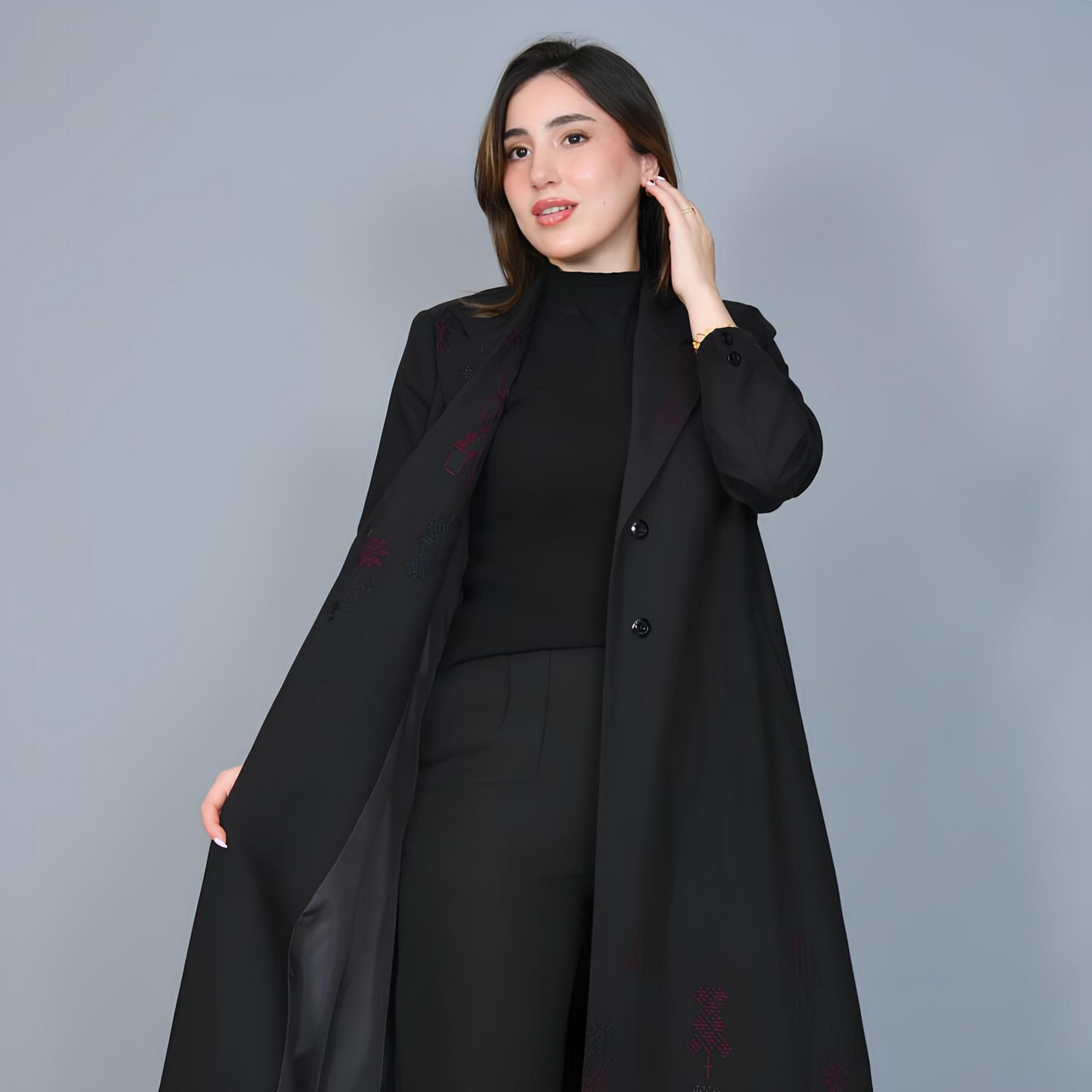 Hawraa Black Embroidered Lapel Collar Linen Women's Formal Blazer Style Abaya-women-arabicclothing-abayas-image-3