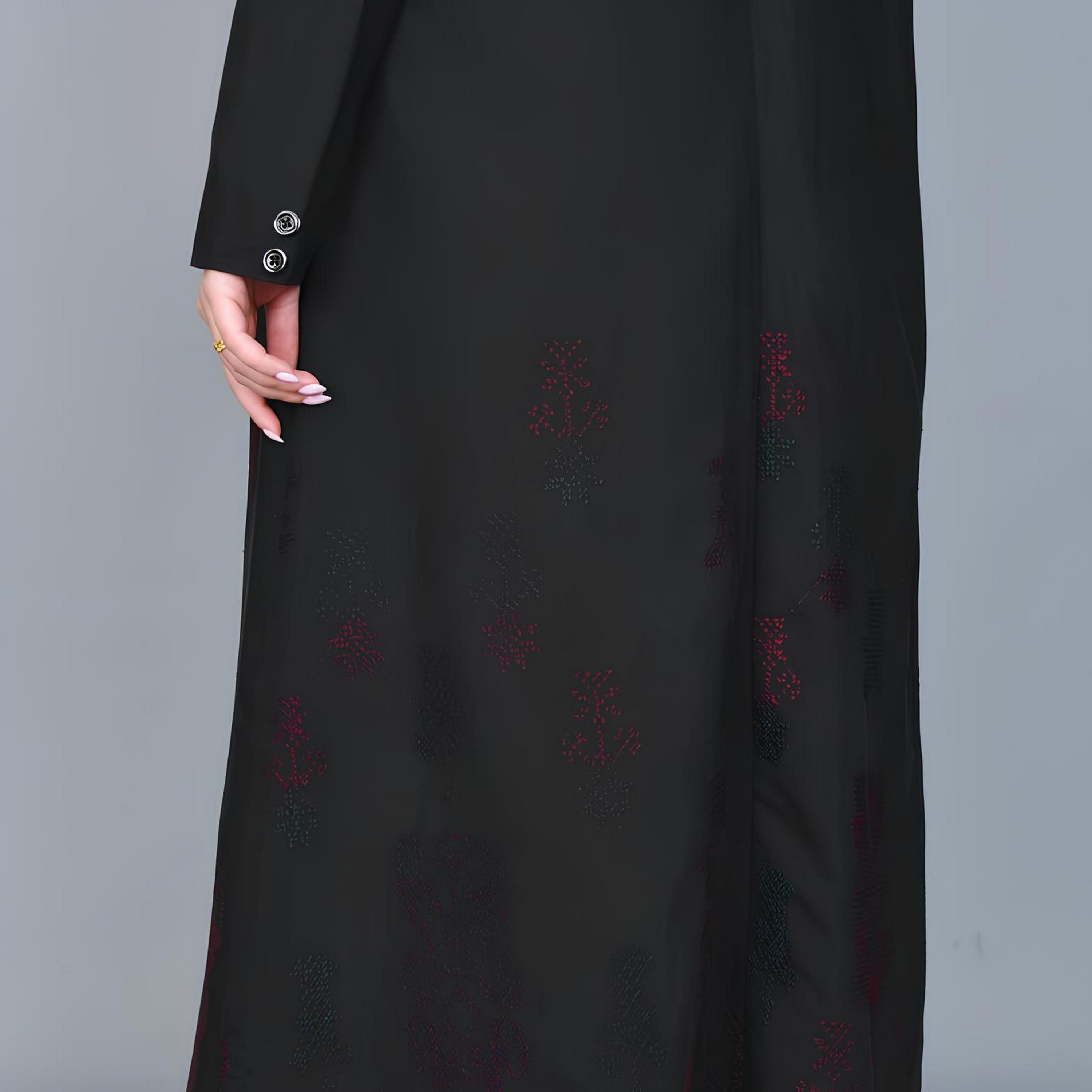 Hawraa Black Embroidered Lapel Collar Linen Women's Formal Blazer Style Abaya-women-arabicclothing-abayas-image-4