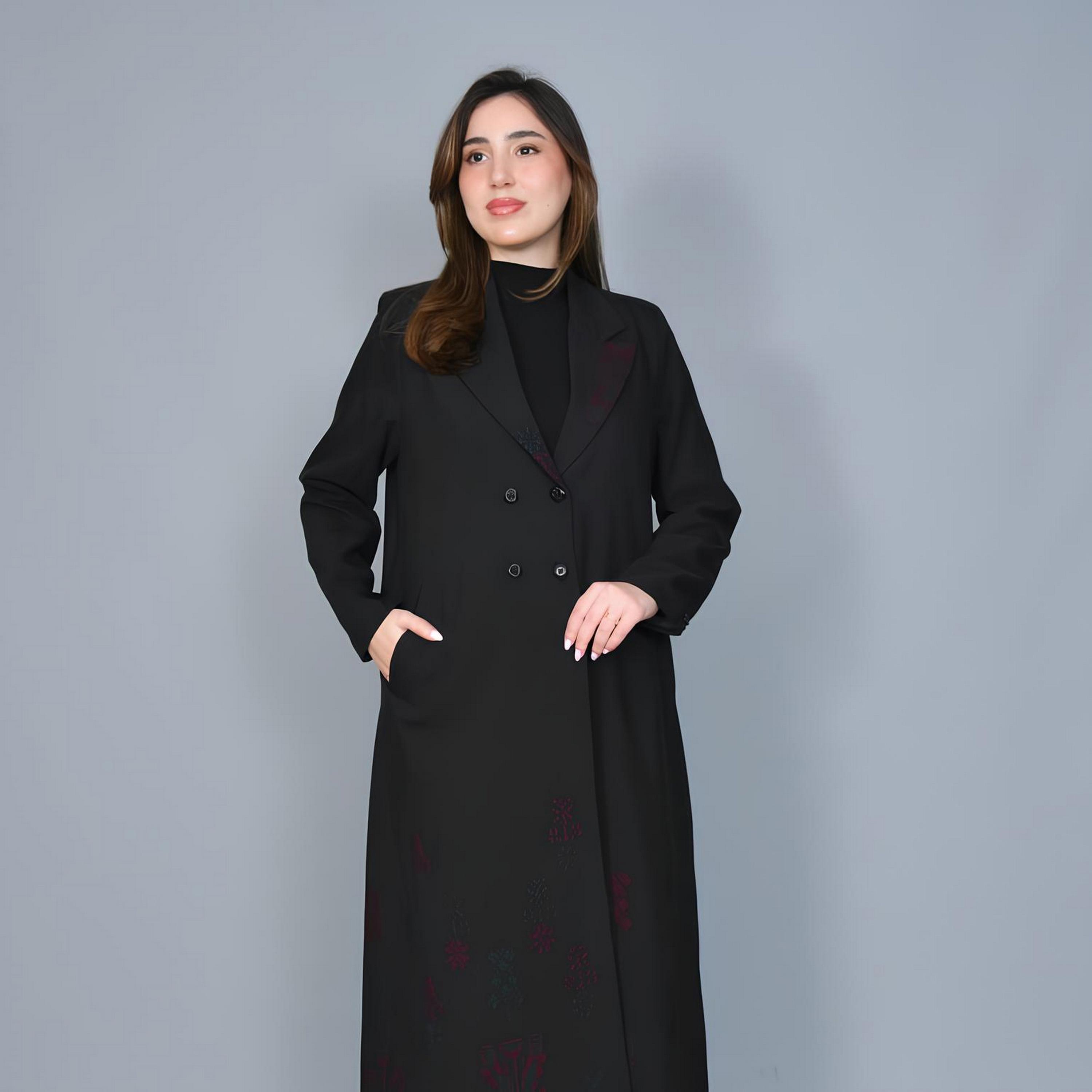 Hawraa Black Embroidered Lapel Collar Linen Women's Formal Blazer Style Abaya-women-arabicclothing-abayas-image-5