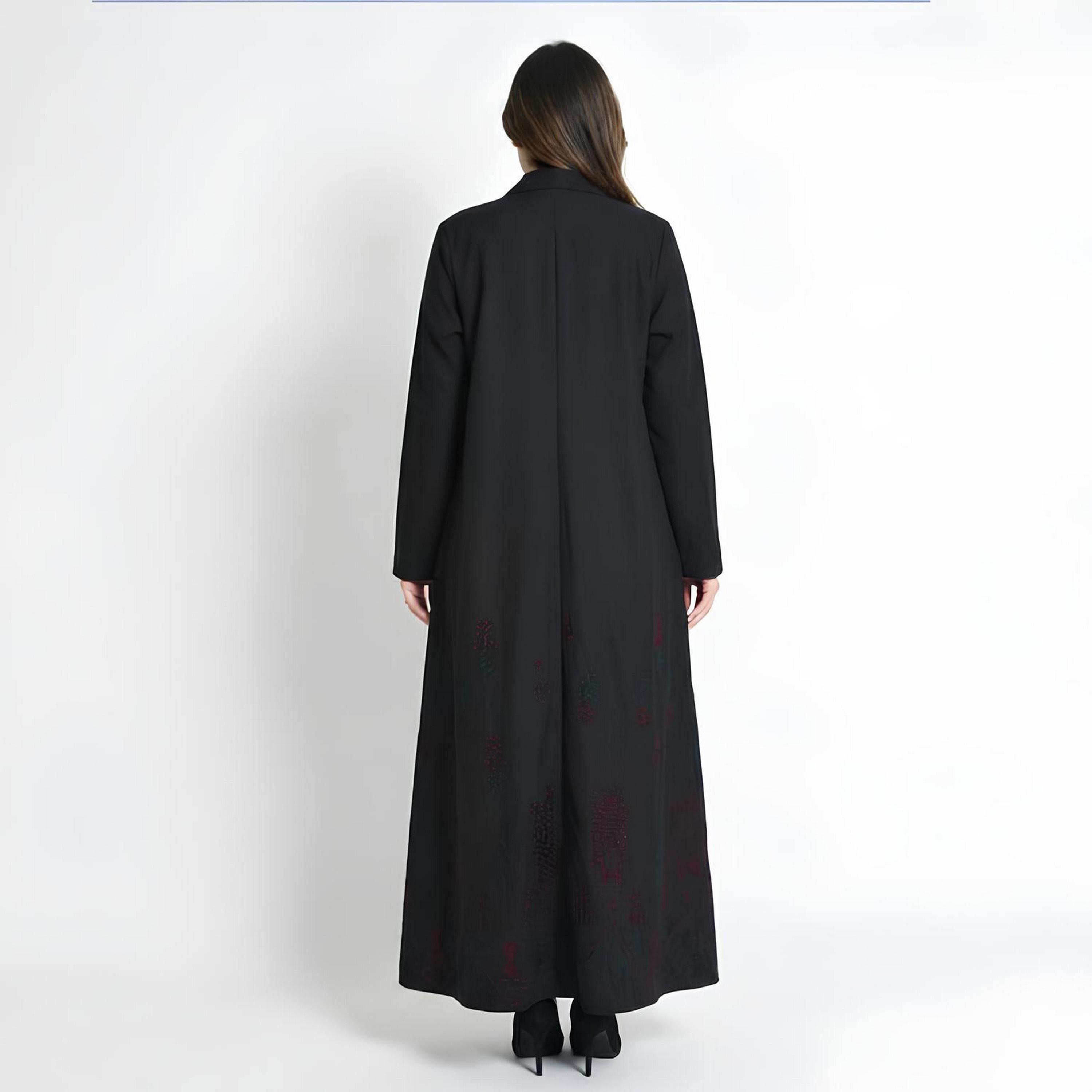Hawraa Black Embroidered Lapel Collar Linen Women's Formal Blazer Style Abaya-women-arabicclothing-abayas-image-6