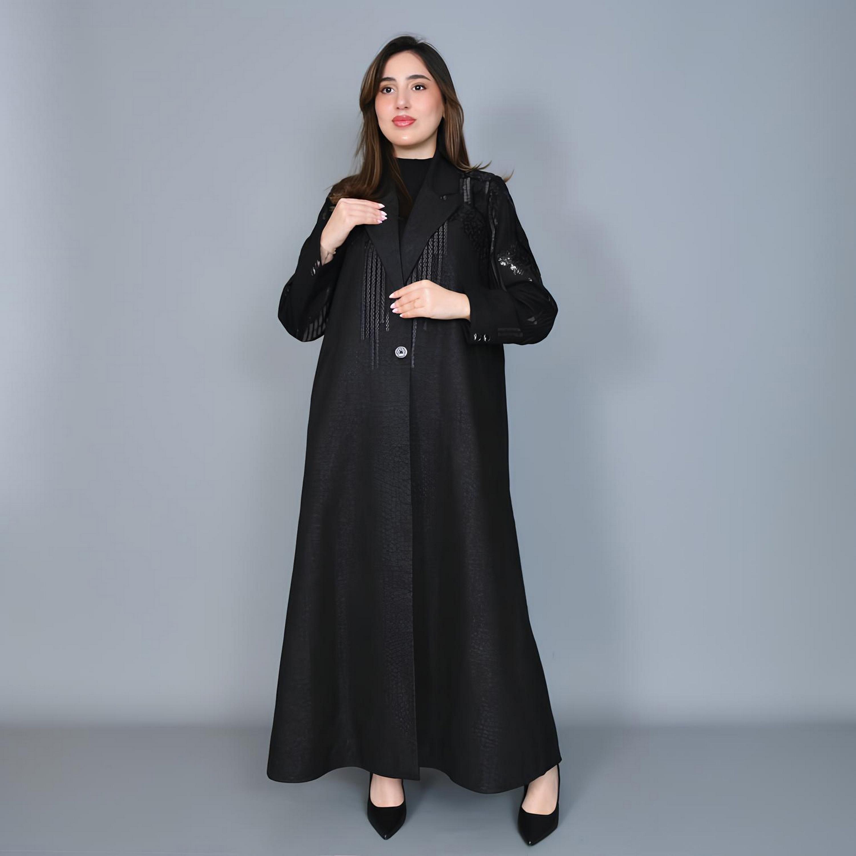 Hawraa Black Embroidered Lapel Collar Linen Women's Formal Blazer Style Abaya-women-arabicclothing-abayas-image-1