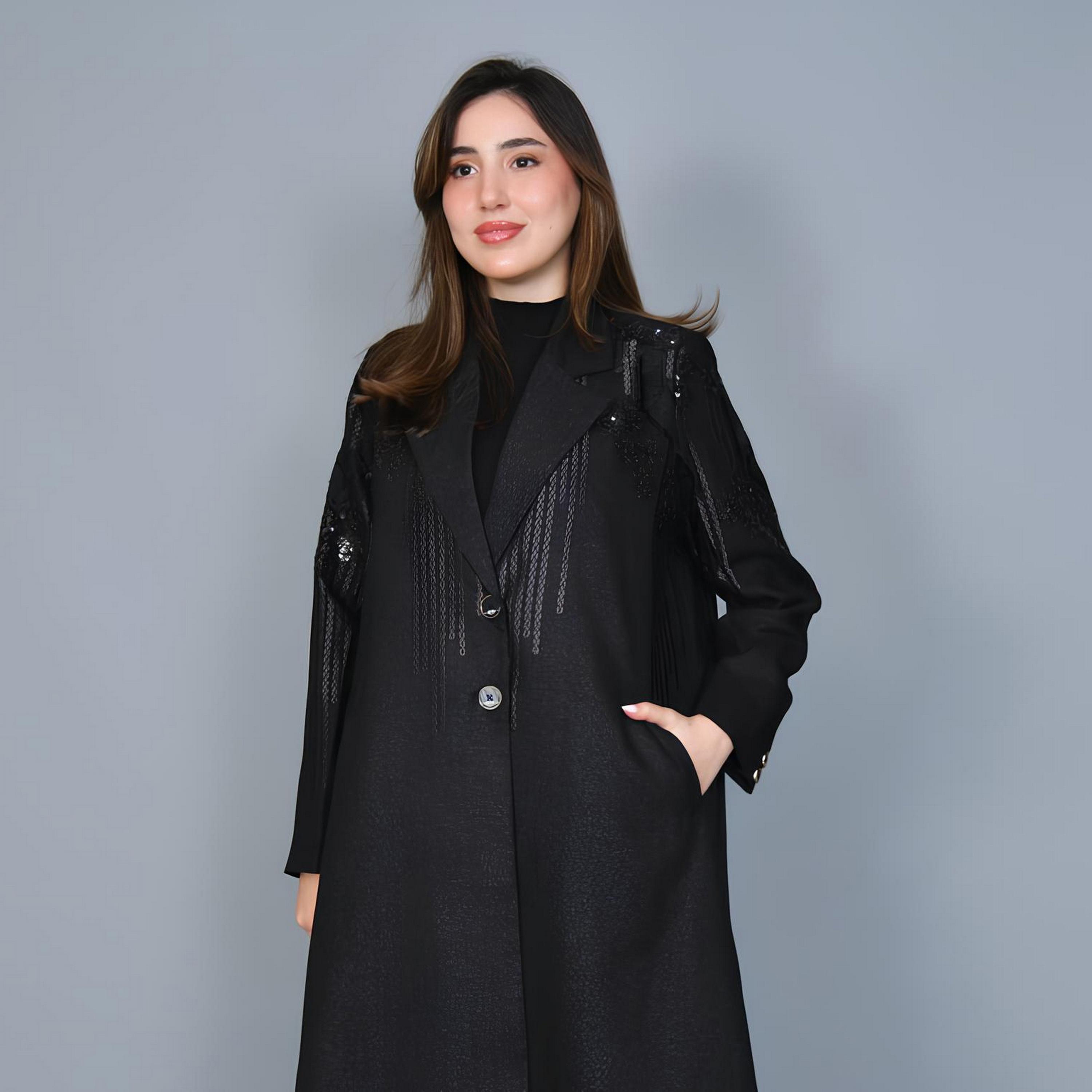 Hawraa Black Embroidered Lapel Collar Linen Women's Formal Blazer Style Abaya-women-arabicclothing-abayas-image-2