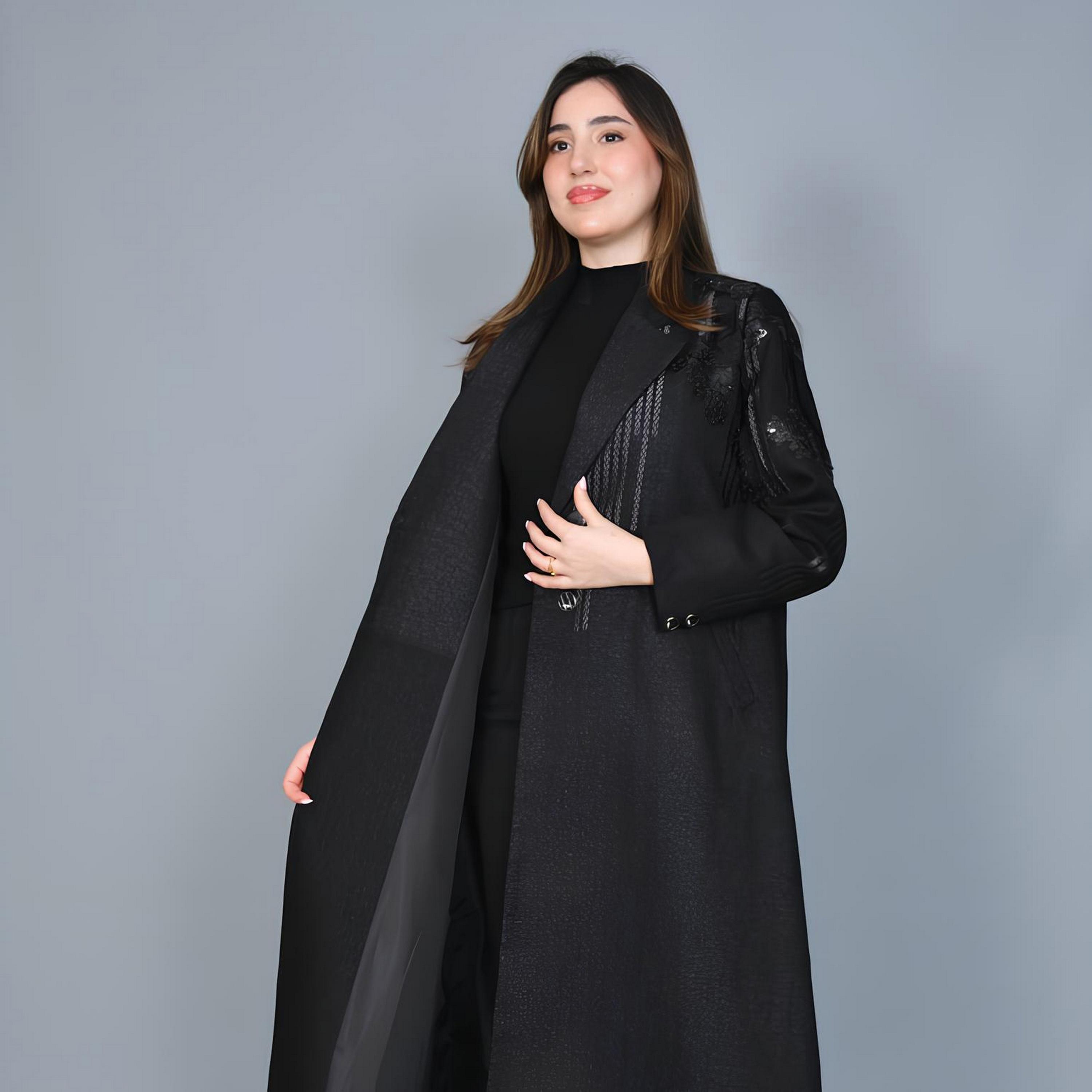 Hawraa Black Embroidered Lapel Collar Linen Women's Formal Blazer Style Abaya-women-arabicclothing-abayas-image-3