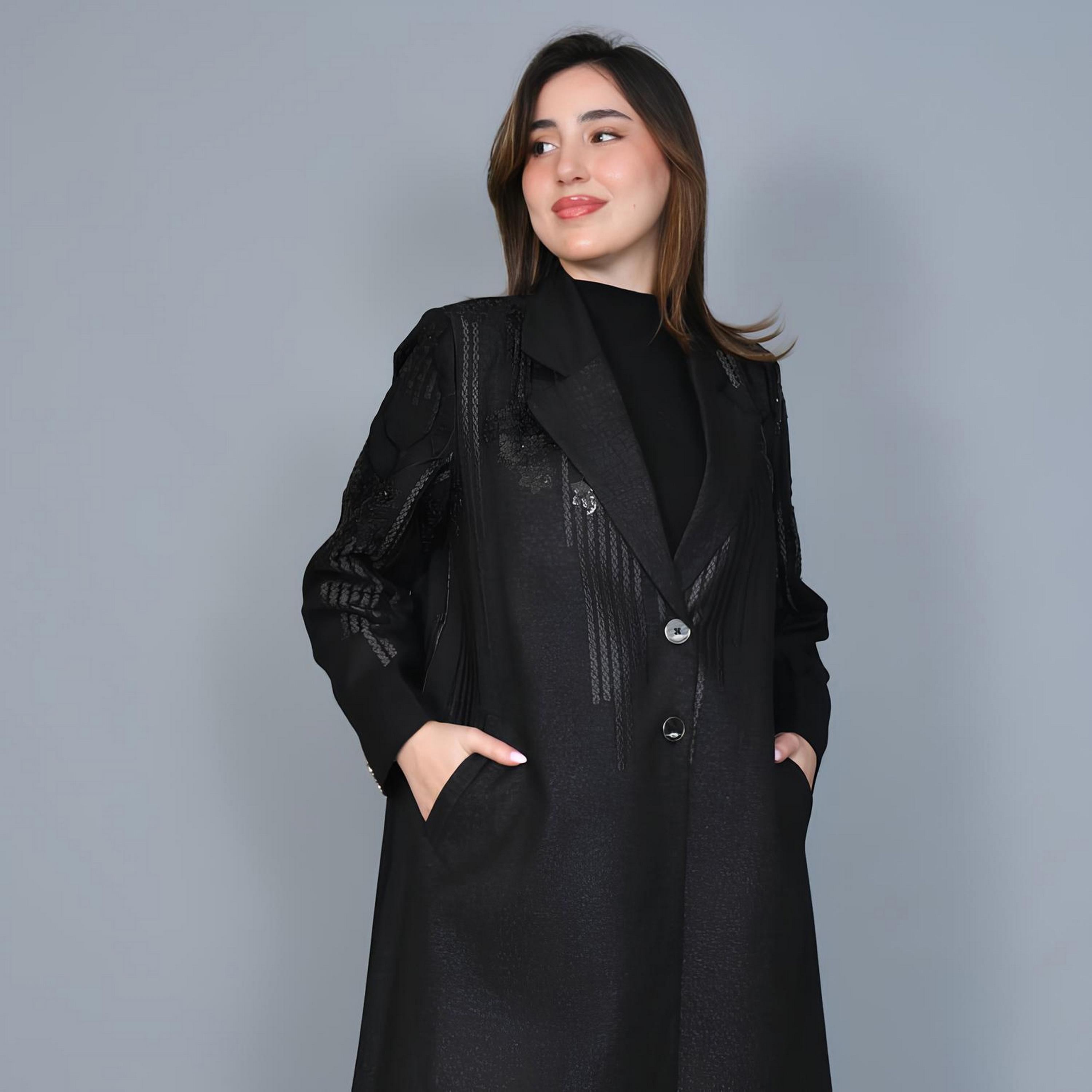 Hawraa Black Embroidered Lapel Collar Linen Women's Formal Blazer Style Abaya-women-arabicclothing-abayas-image-4