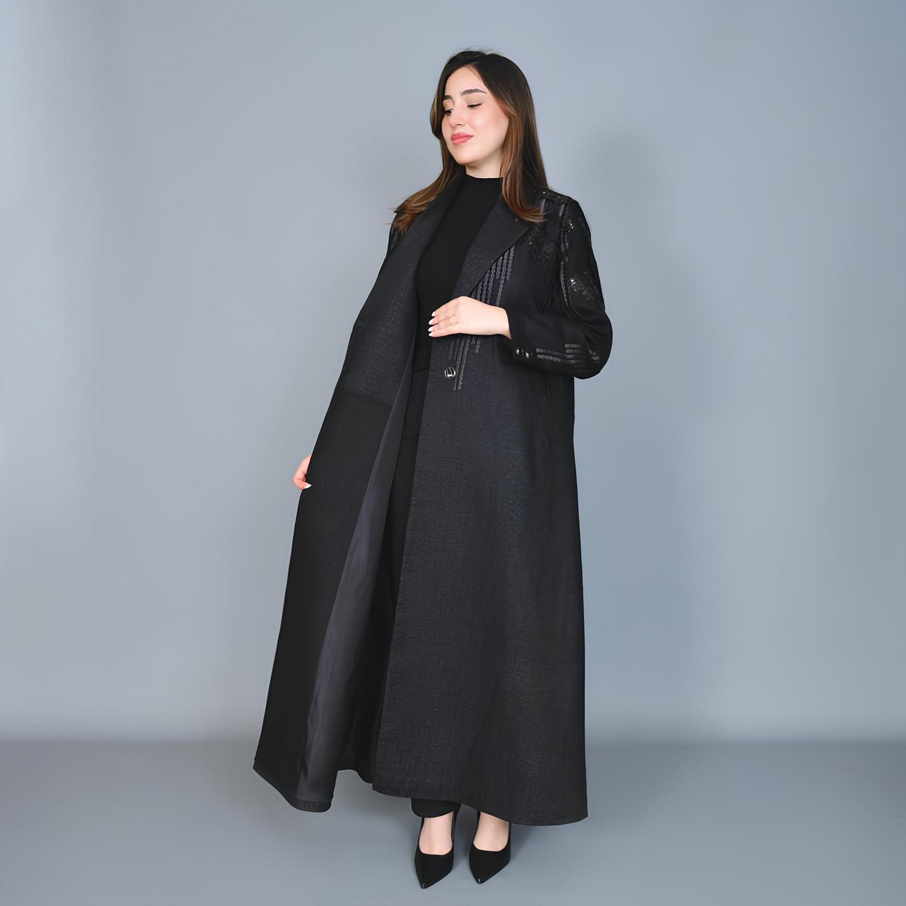 Hawraa Black Embroidered Lapel Collar Linen Women's Formal Blazer Style Abaya-women-arabicclothing-abayas-image-5