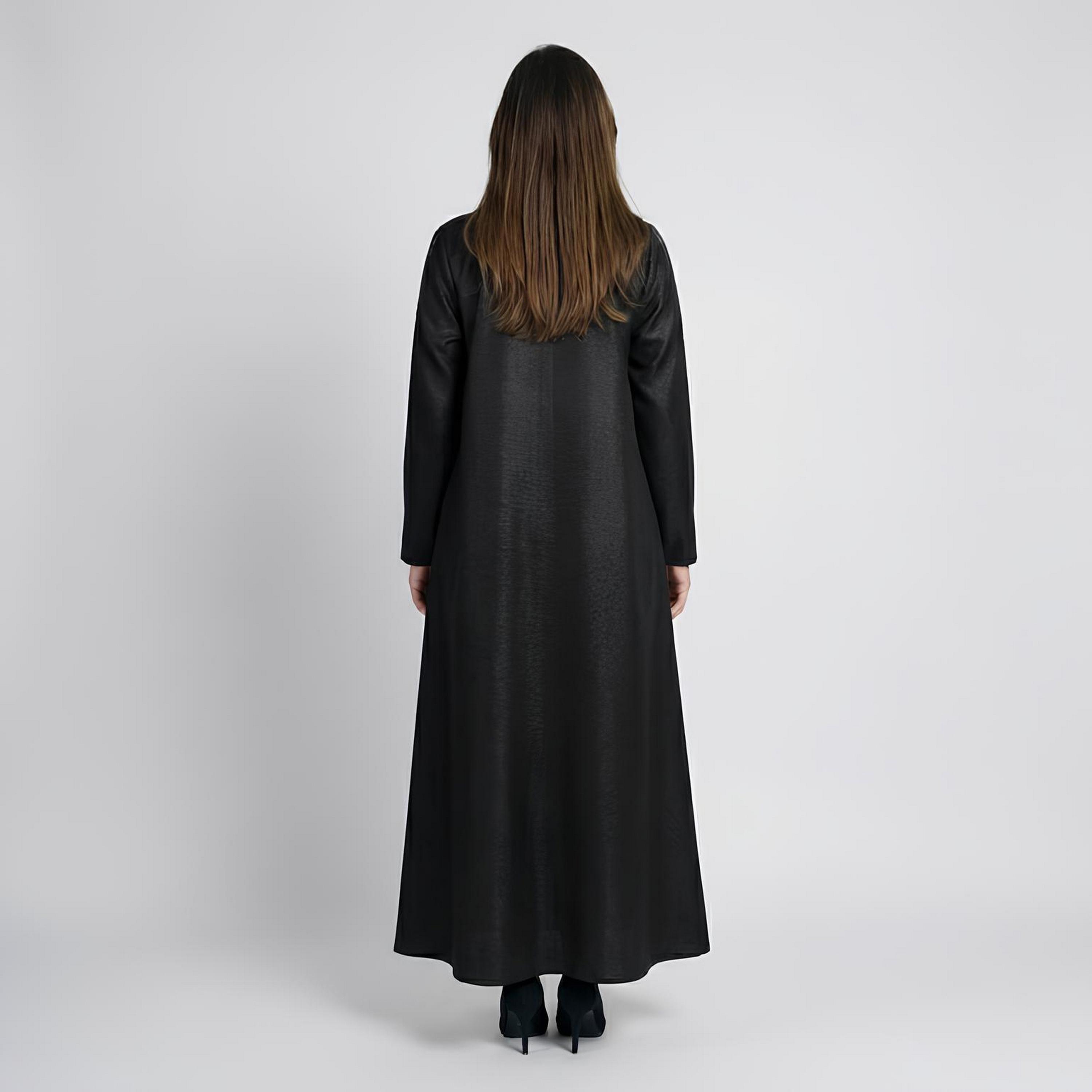 Hawraa Black Embroidered Lapel Collar Linen Women's Formal Blazer Style Abaya-women-arabicclothing-abayas-image-6