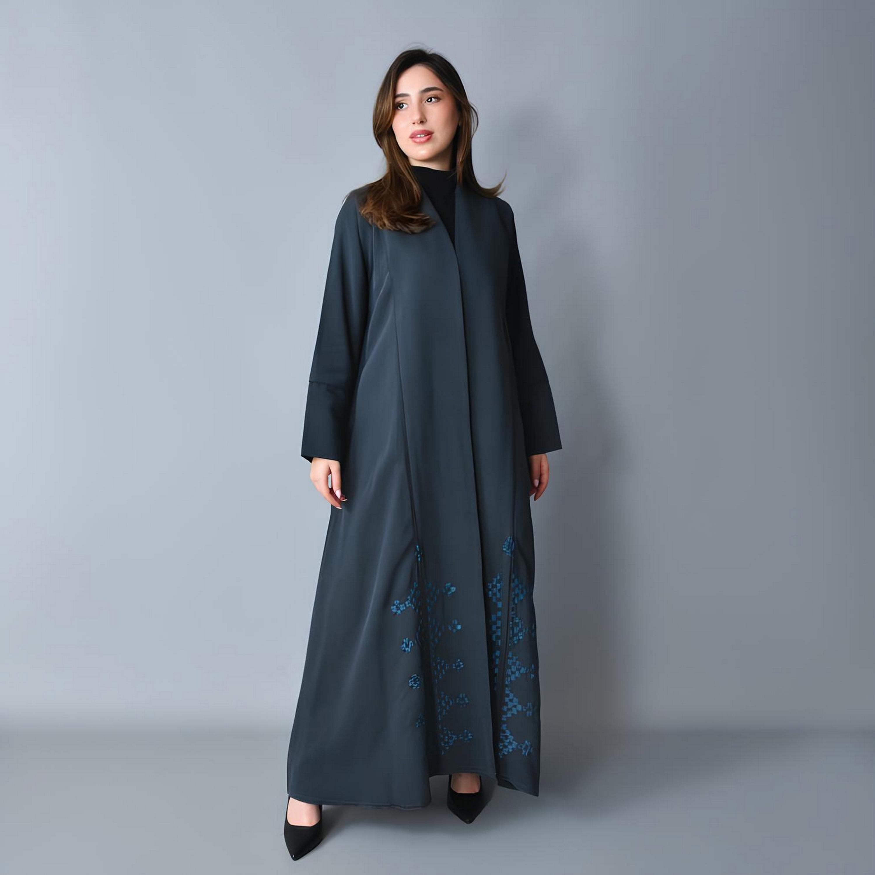 Hawraa Blue Embroidered Linen Women's Half-Cloche Cut Abaya-women-arabicclothing-abayas-image-1