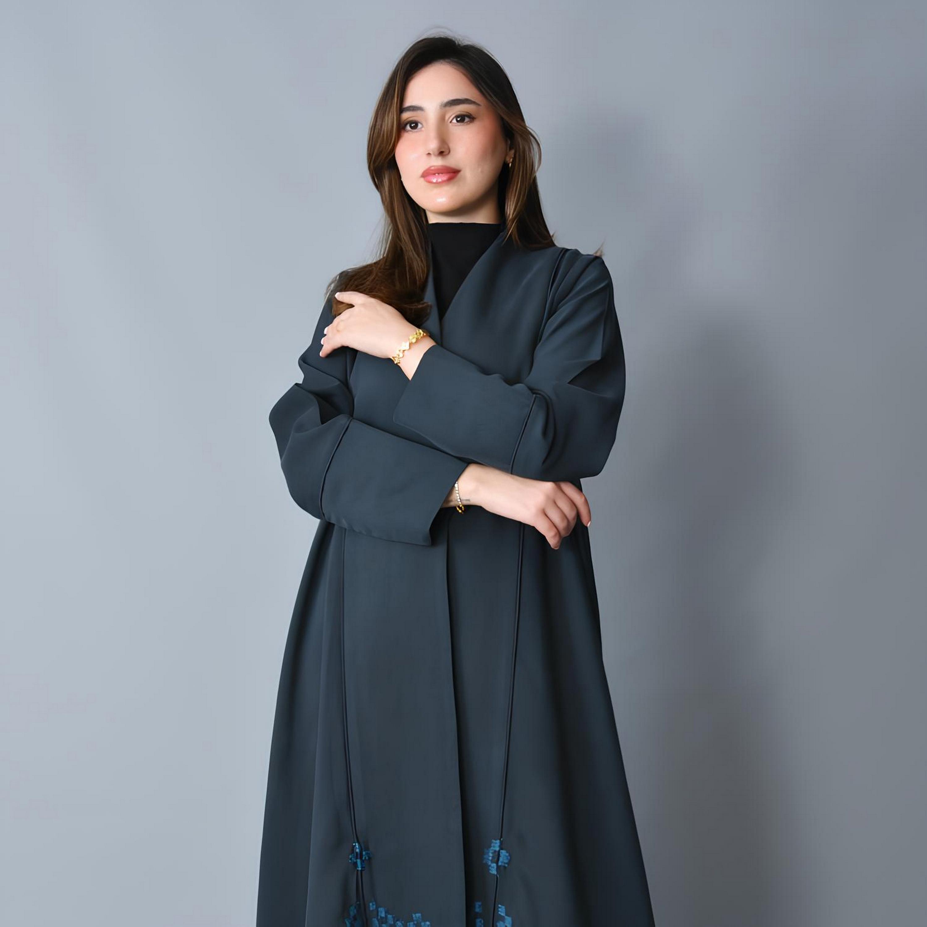 Hawraa Blue Embroidered Linen Women's Half-Cloche Cut Abaya-women-arabicclothing-abayas-image-2