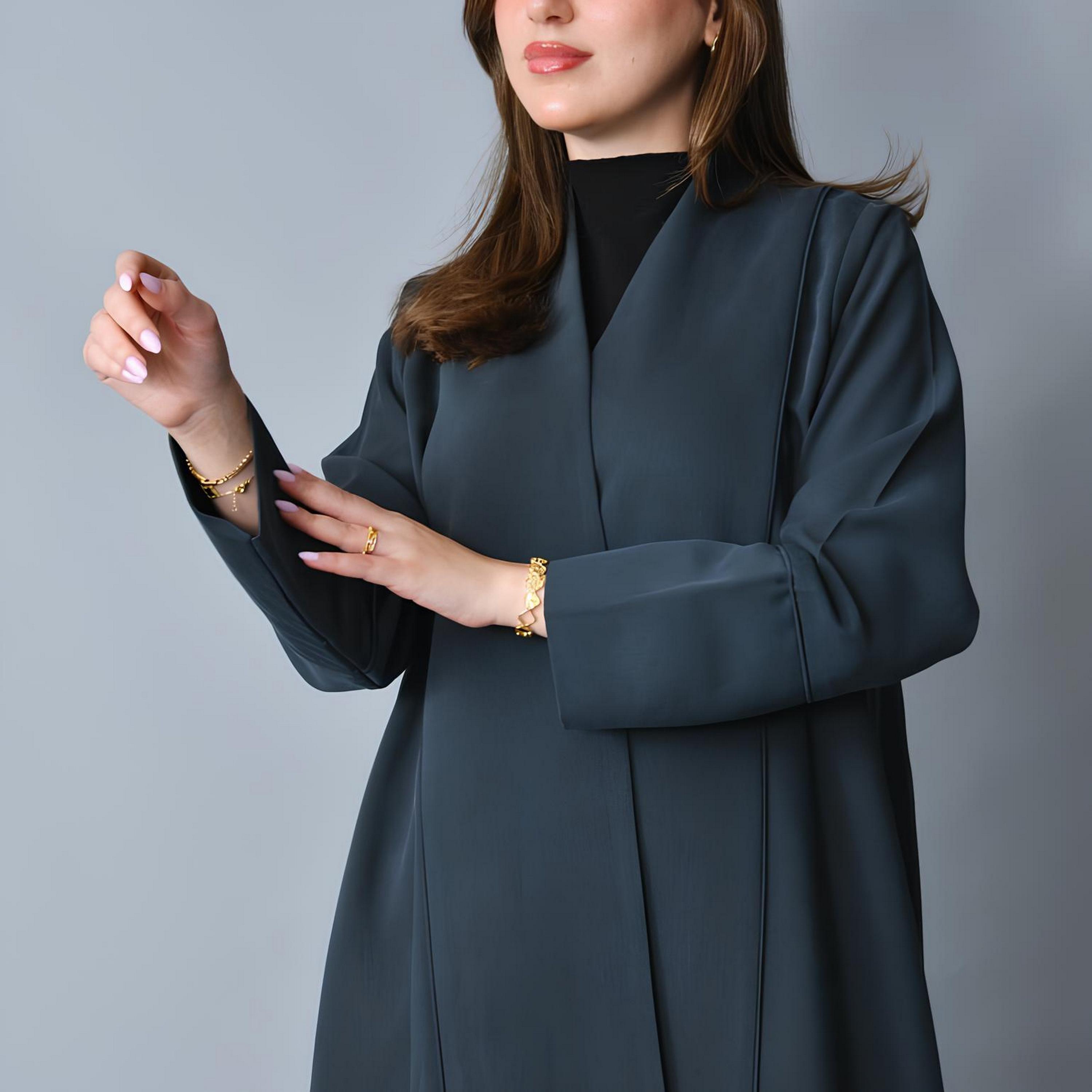 Hawraa Blue Embroidered Linen Women's Half-Cloche Cut Abaya-women-arabicclothing-abayas-image-3