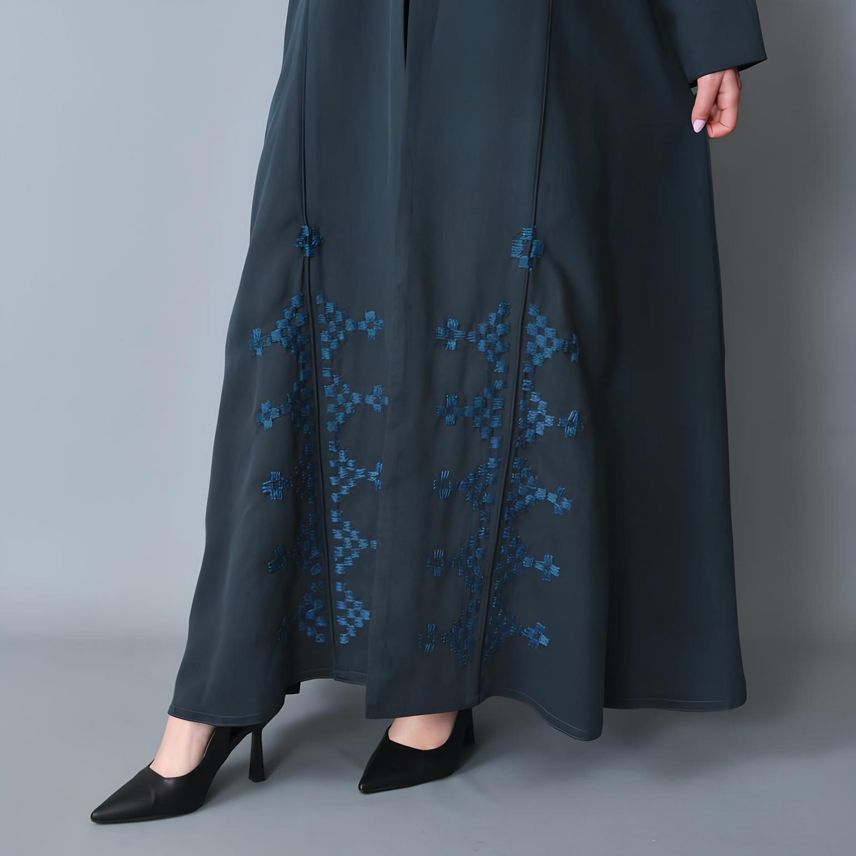 Hawraa Blue Embroidered Linen Women's Half-Cloche Cut Abaya-women-arabicclothing-abayas-image-4
