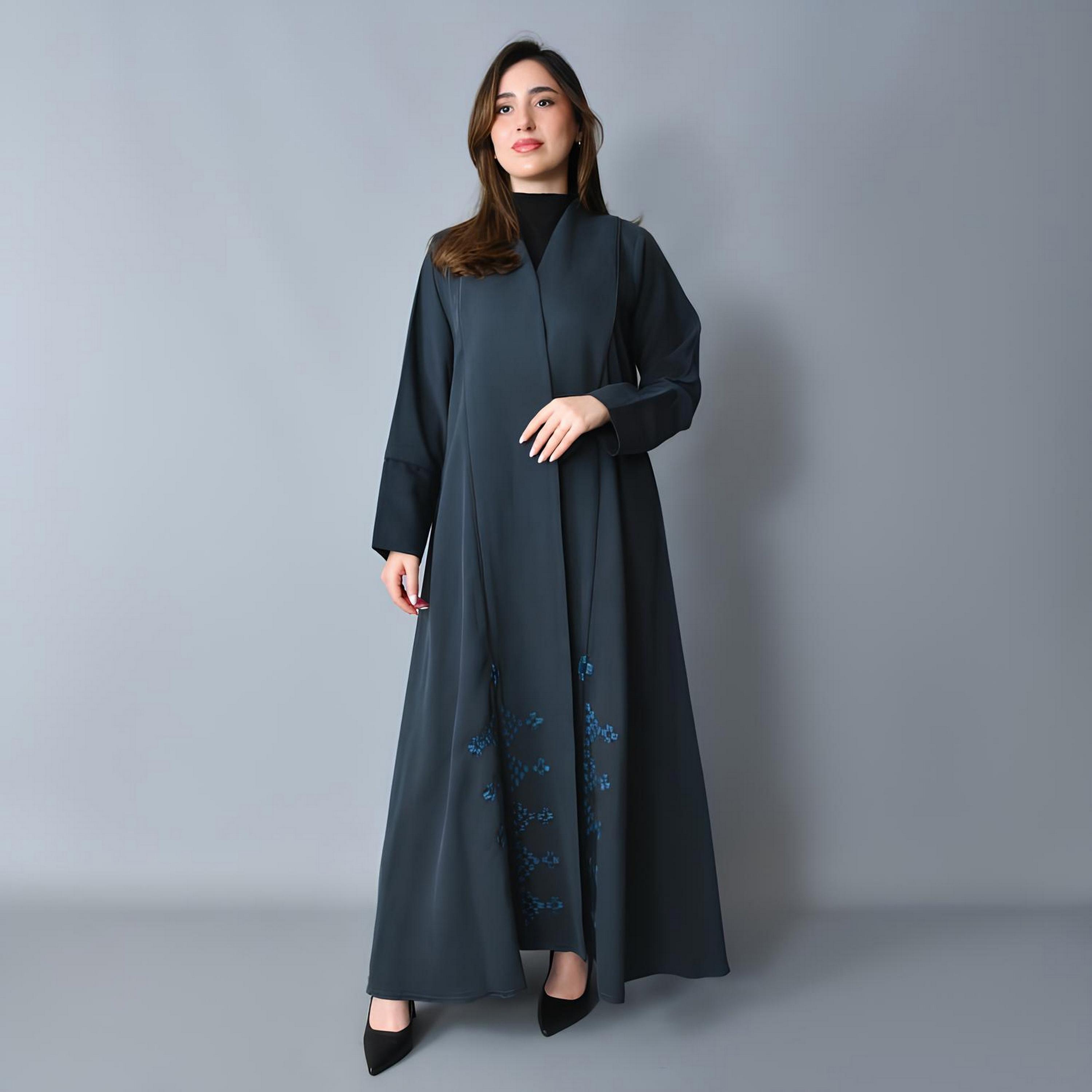 Hawraa Blue Embroidered Linen Women's Half-Cloche Cut Abaya-women-arabicclothing-abayas-image-5