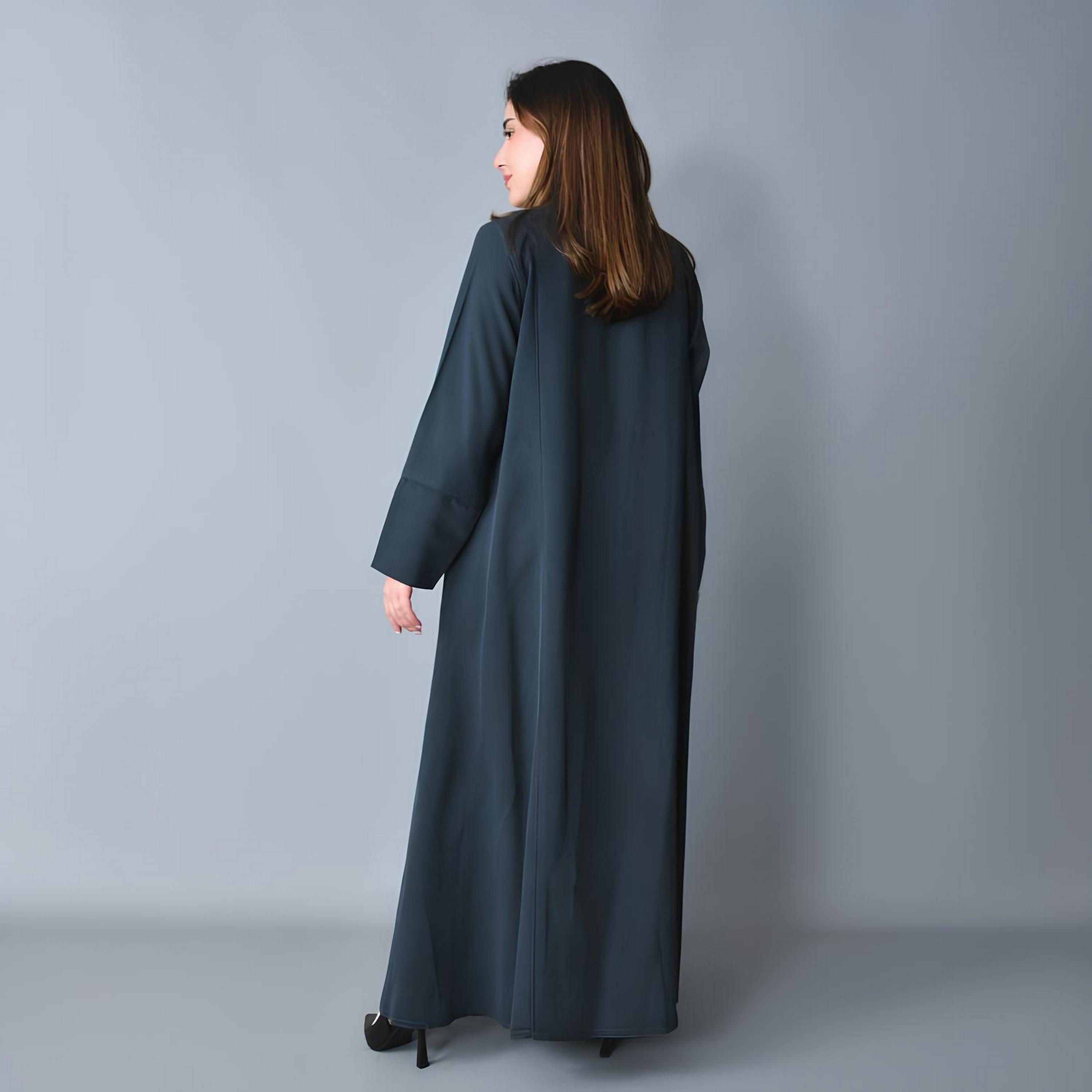 Hawraa Blue Embroidered Linen Women's Half-Cloche Cut Abaya-women-arabicclothing-abayas-image-6