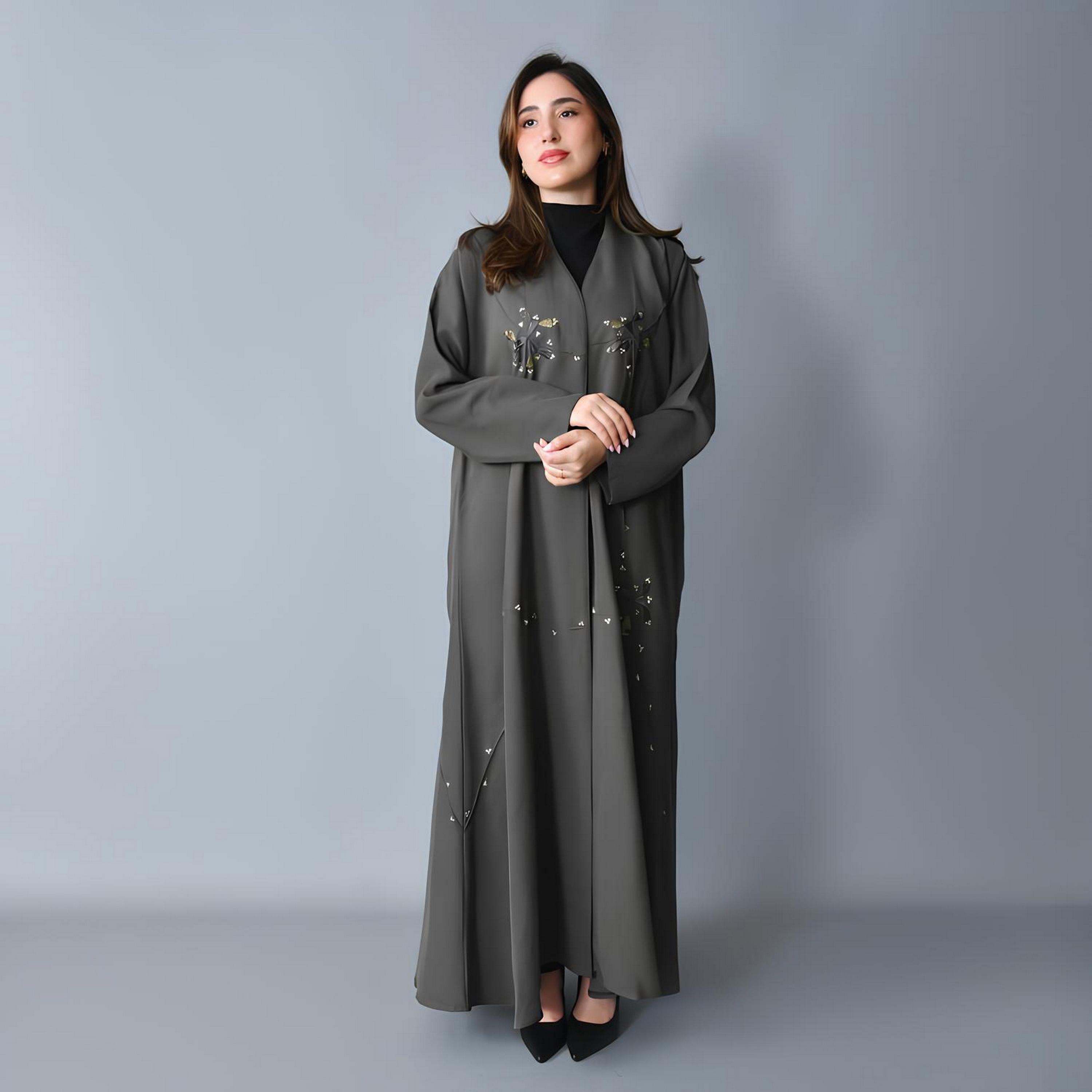 Hawraa Grey Embroidered Linen Women's Fluid Cut Abaya-women-arabicclothing-abayas-image-1