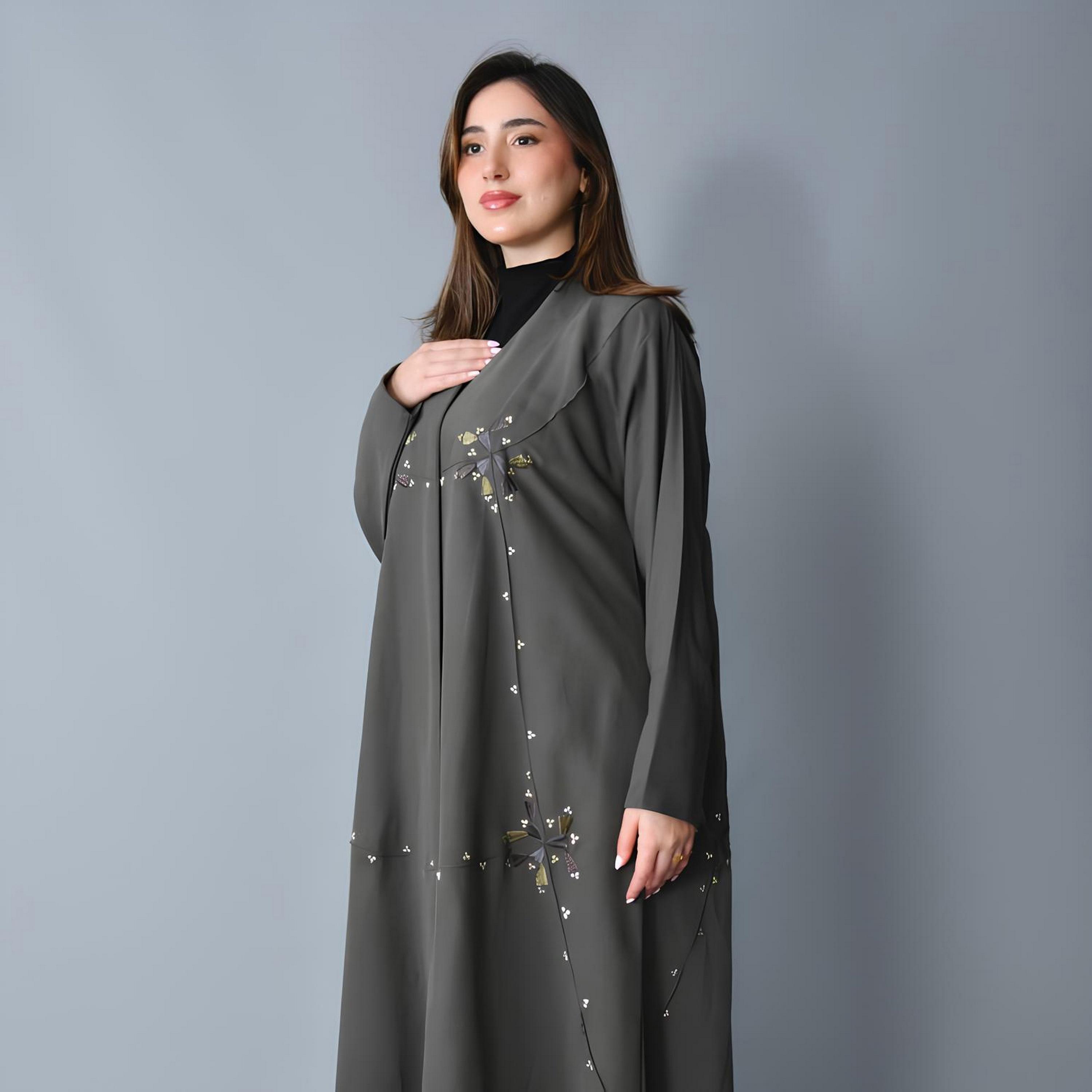 Hawraa Grey Embroidered Linen Women's Fluid Cut Abaya-women-arabicclothing-abayas-image-2