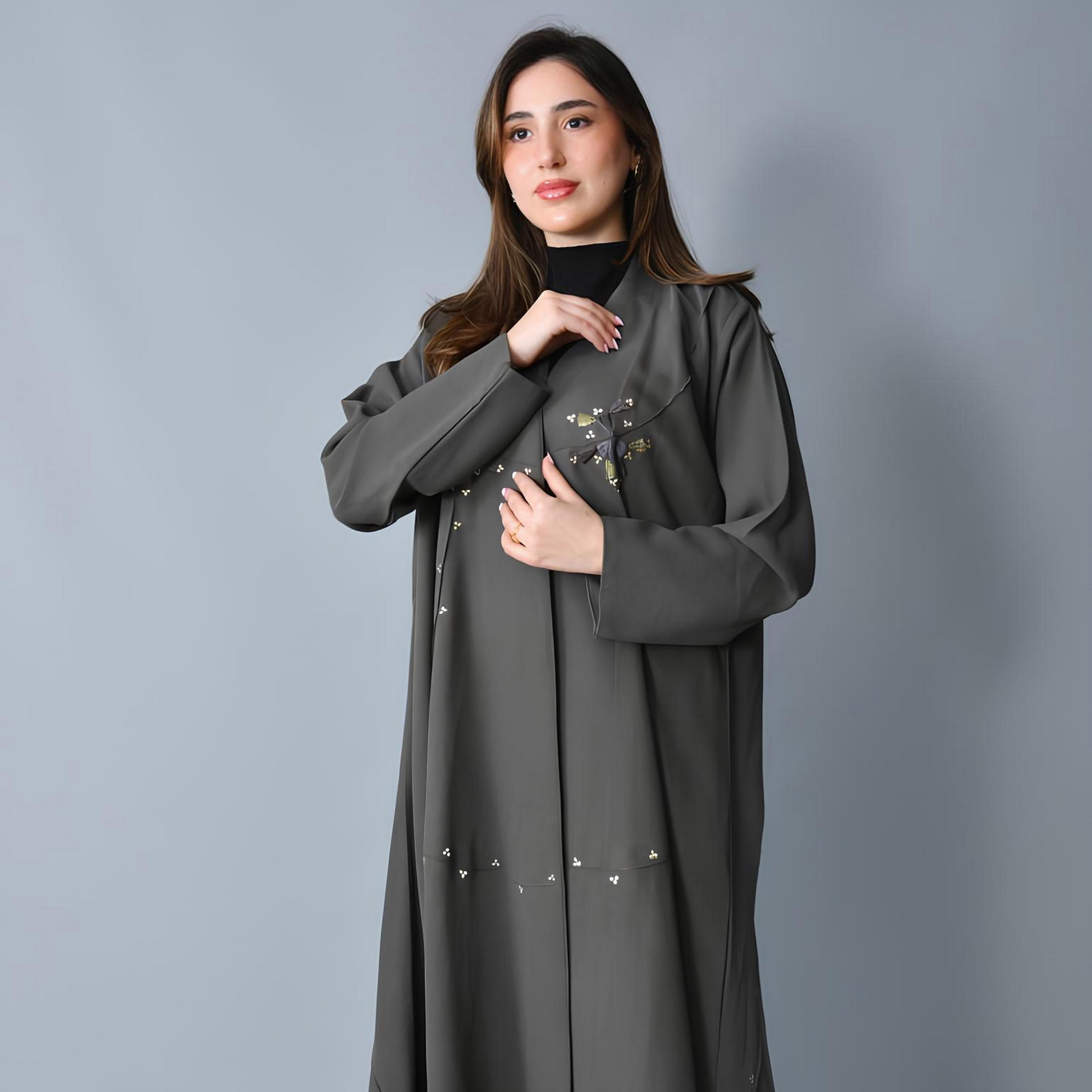 Hawraa Grey Embroidered Linen Women's Fluid Cut Abaya-women-arabicclothing-abayas-image-3