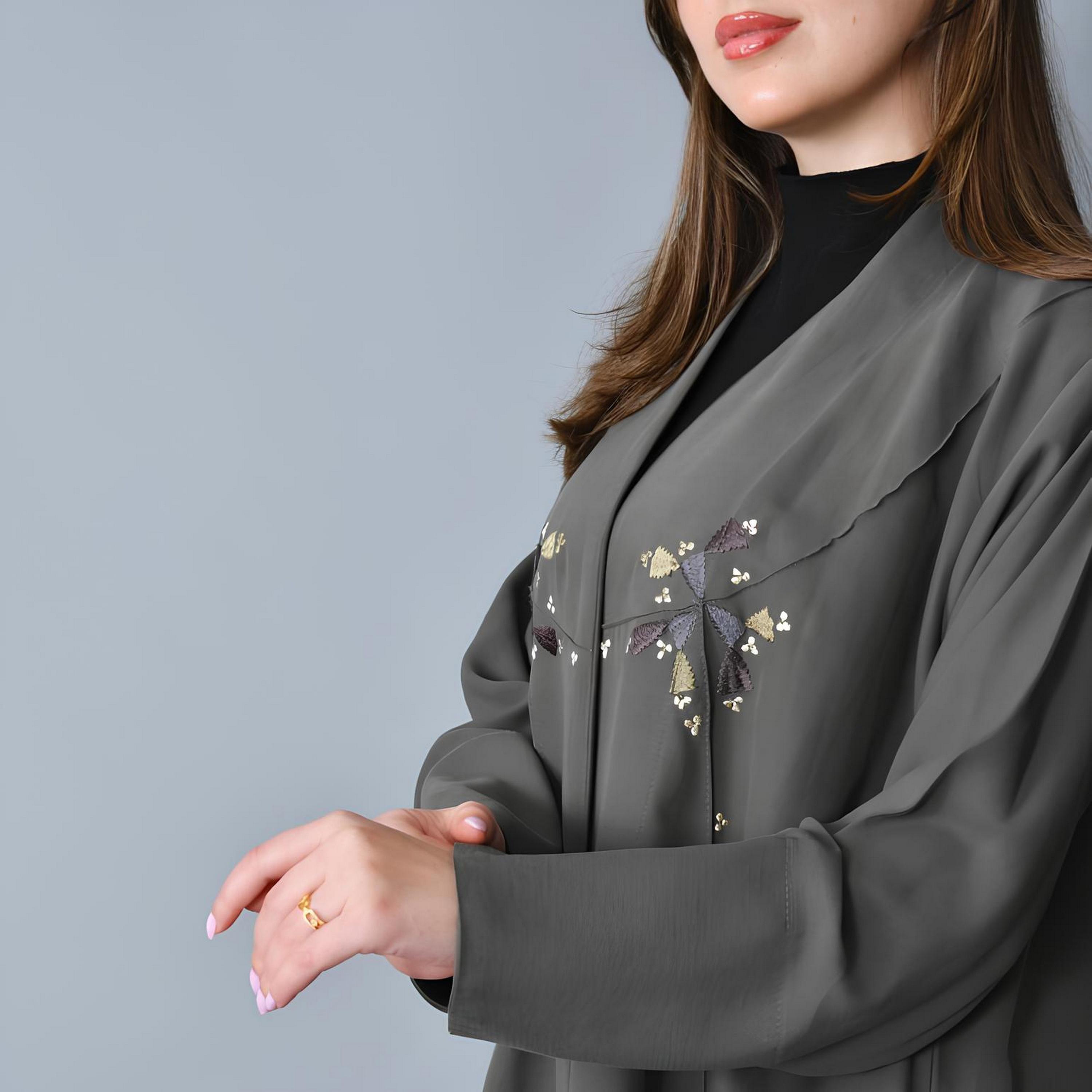 Hawraa Grey Embroidered Linen Women's Fluid Cut Abaya-women-arabicclothing-abayas-image-4