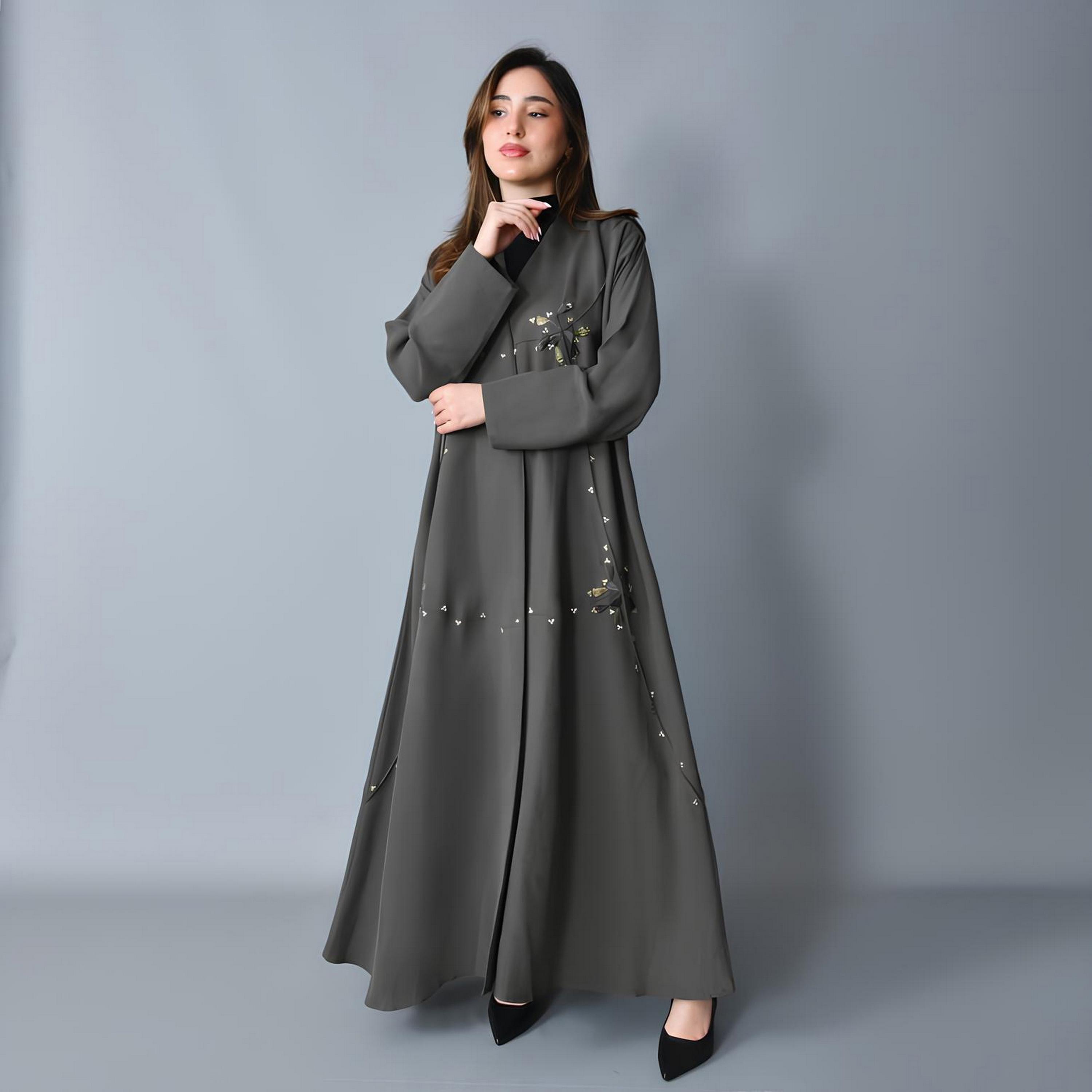 Hawraa Grey Embroidered Linen Women's Fluid Cut Abaya-women-arabicclothing-abayas-image-5