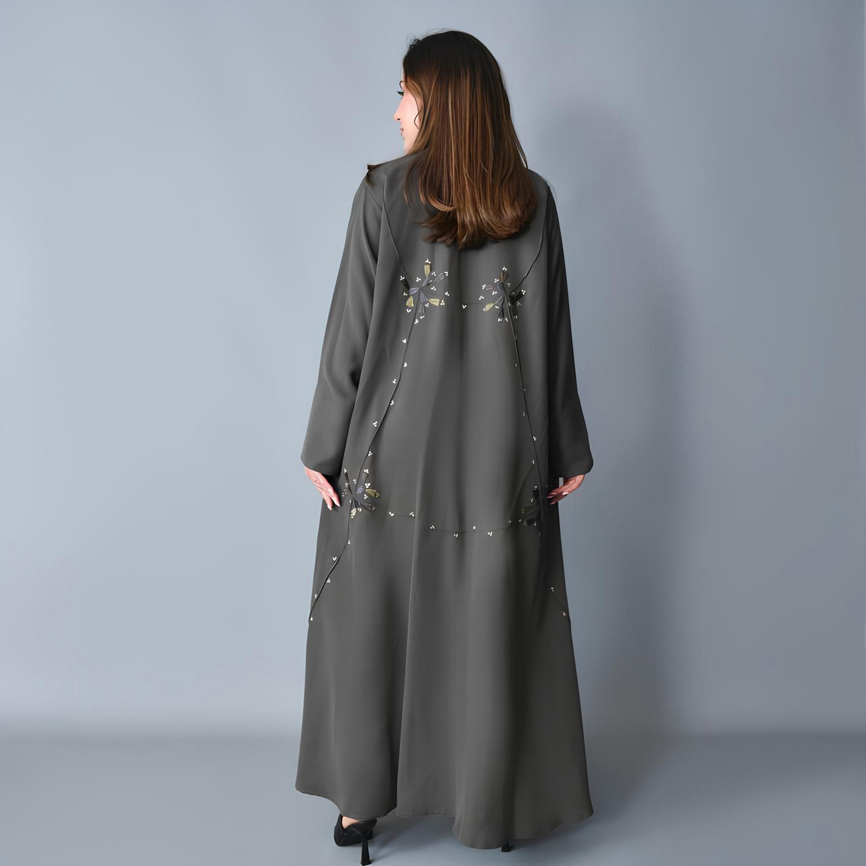 Hawraa Grey Embroidered Linen Women's Fluid Cut Abaya-women-arabicclothing-abayas-image-6