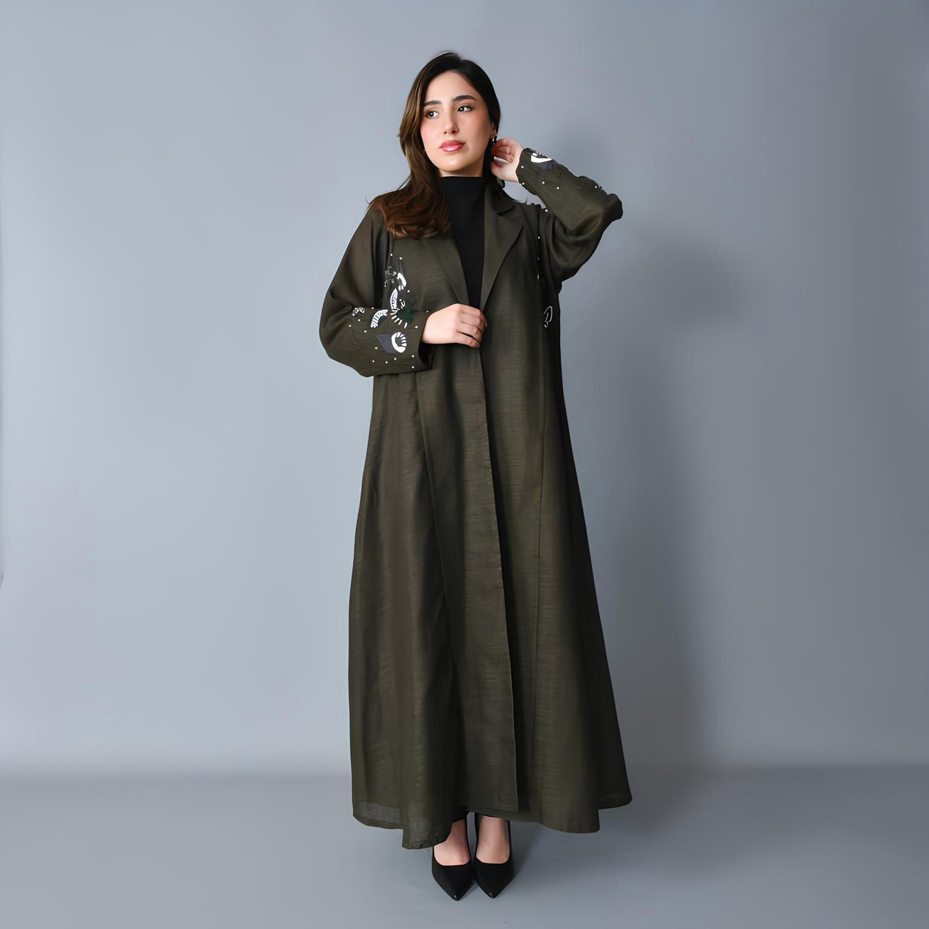 Hawraa Olive Green Embroidered Lapel Collar Linen Women's Blazer Style Abaya-women-arabicclothing-abayas-image-1