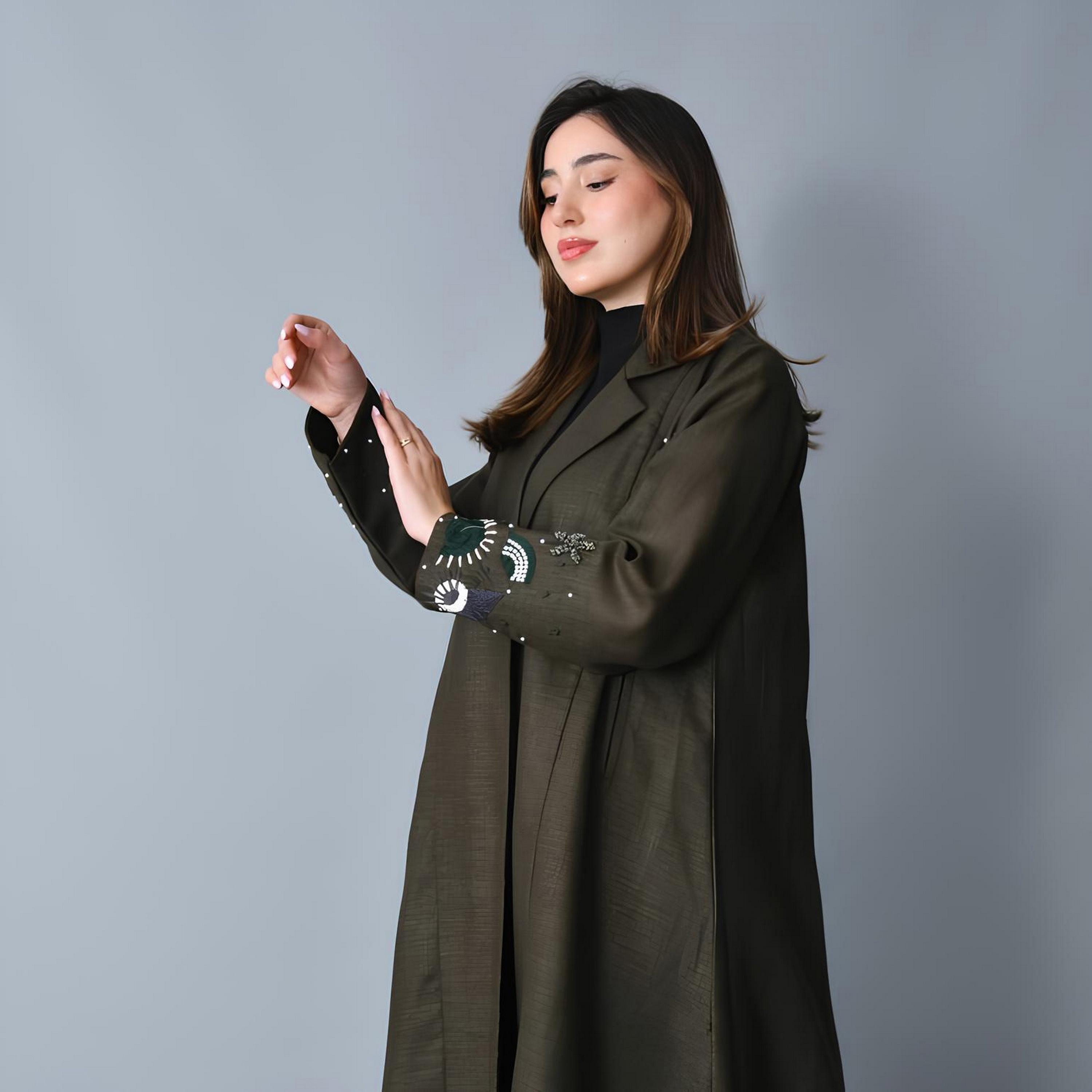Hawraa Olive Green Embroidered Lapel Collar Linen Women's Blazer Style Abaya-women-arabicclothing-abayas-image-2