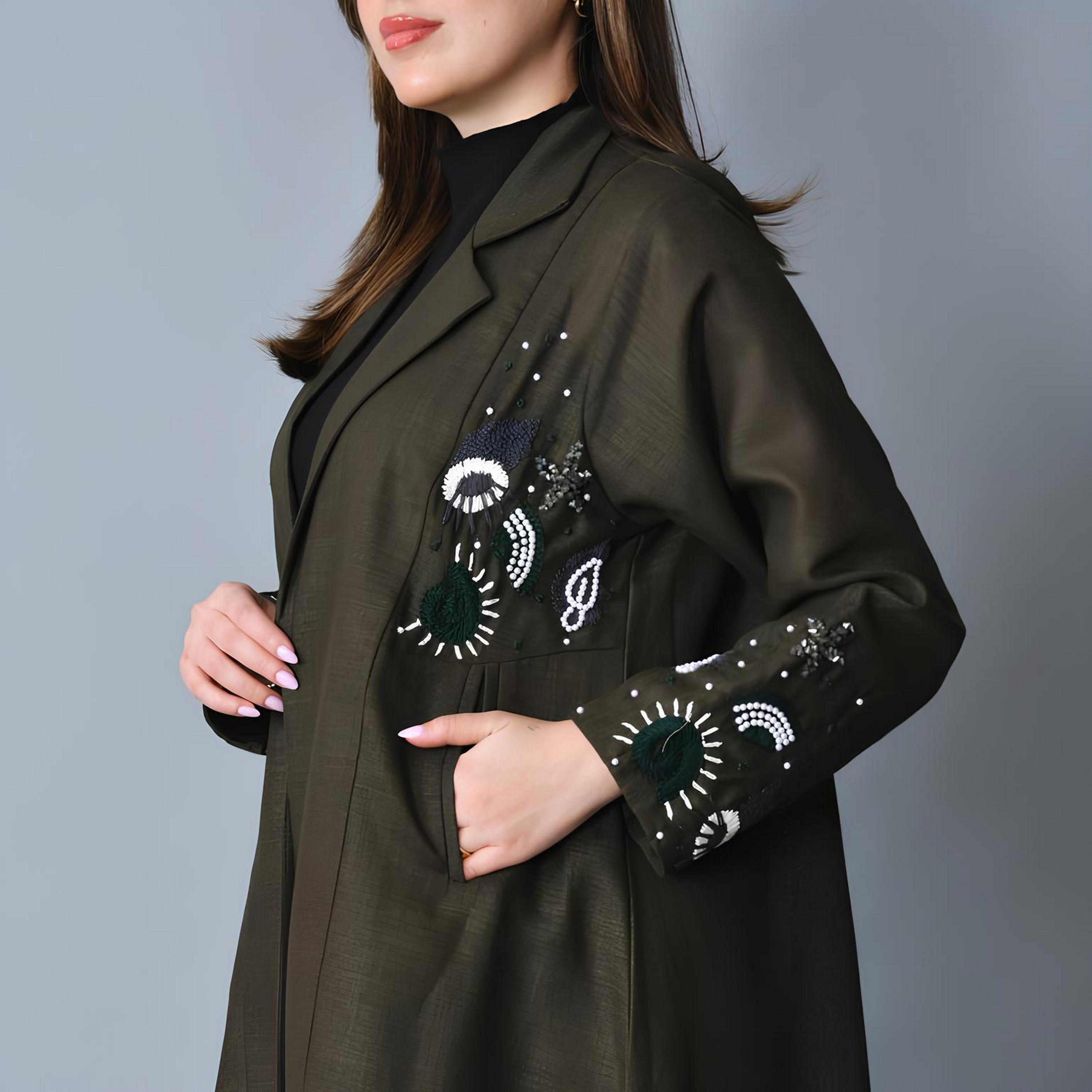Hawraa Olive Green Embroidered Lapel Collar Linen Women's Blazer Style Abaya-women-arabicclothing-abayas-image-3