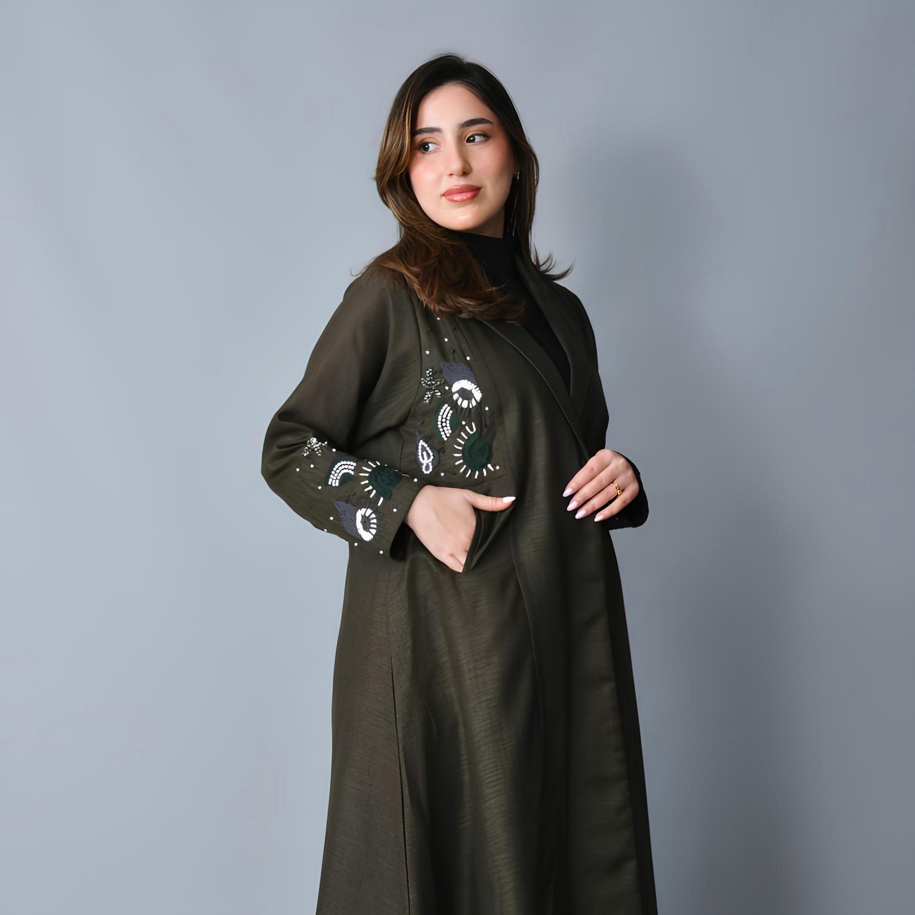 Hawraa Olive Green Embroidered Lapel Collar Linen Women's Blazer Style Abaya-women-arabicclothing-abayas-image-4