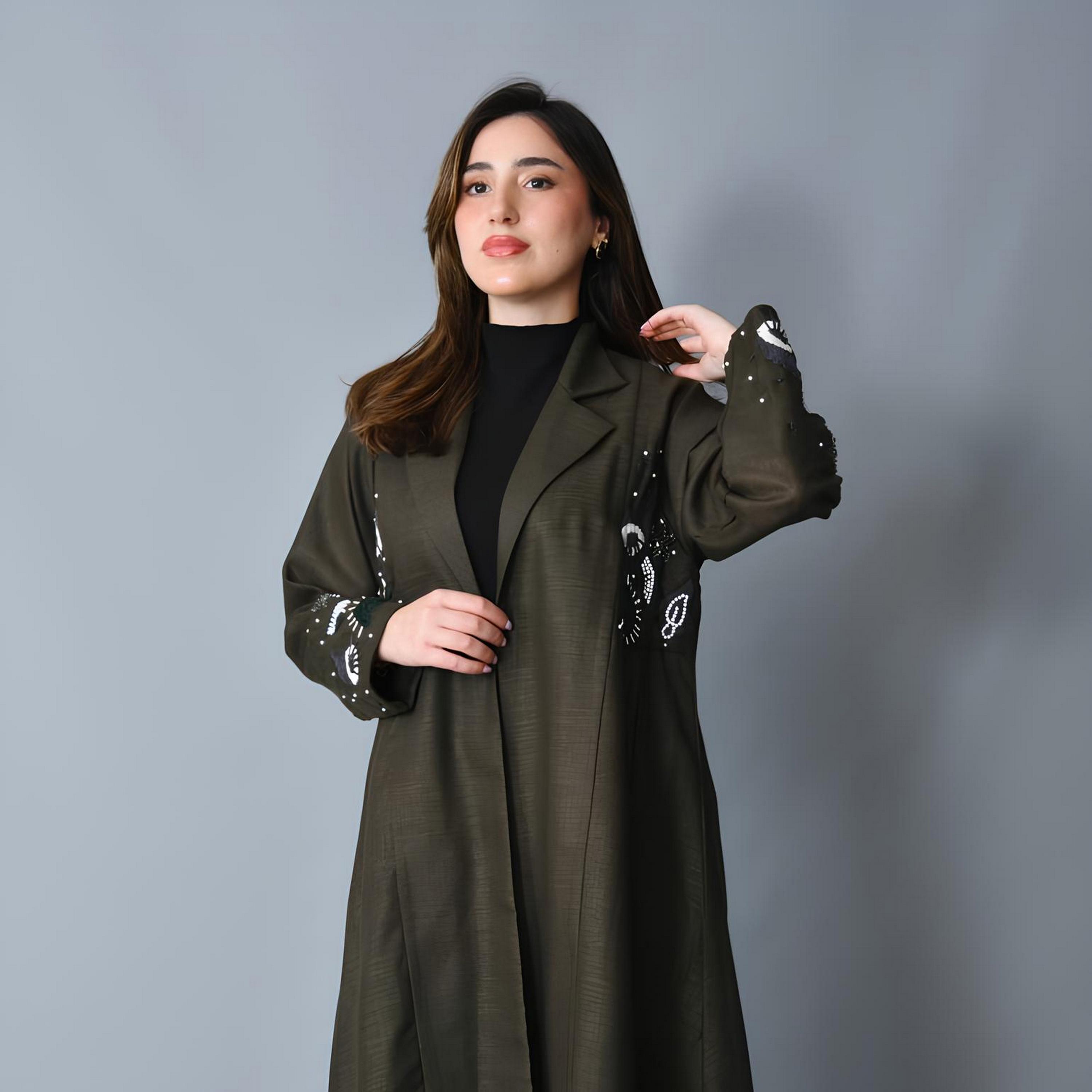 Hawraa Olive Green Embroidered Lapel Collar Linen Women's Blazer Style Abaya-women-arabicclothing-abayas-image-5