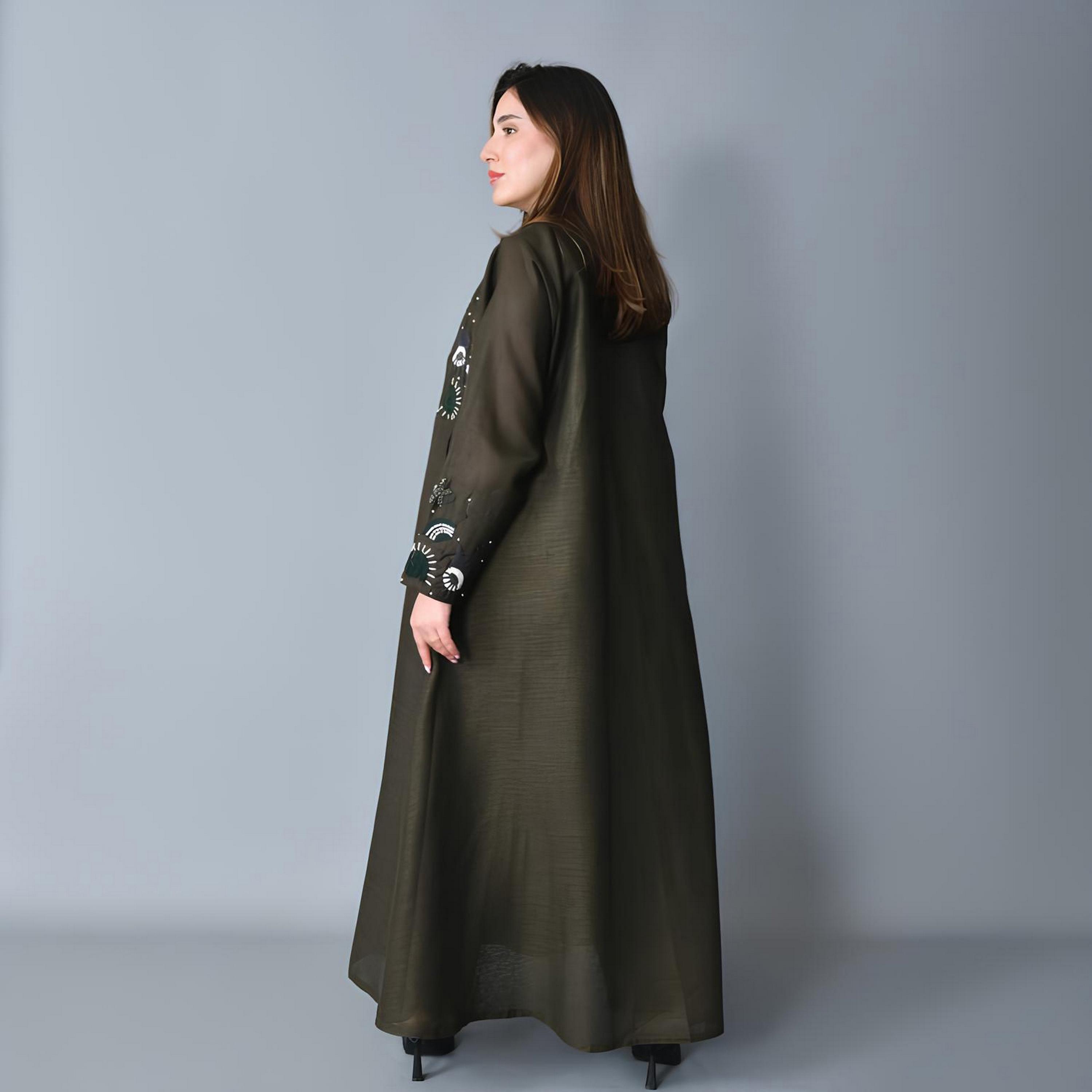 Hawraa Olive Green Embroidered Lapel Collar Linen Women's Blazer Style Abaya-women-arabicclothing-abayas-image-6