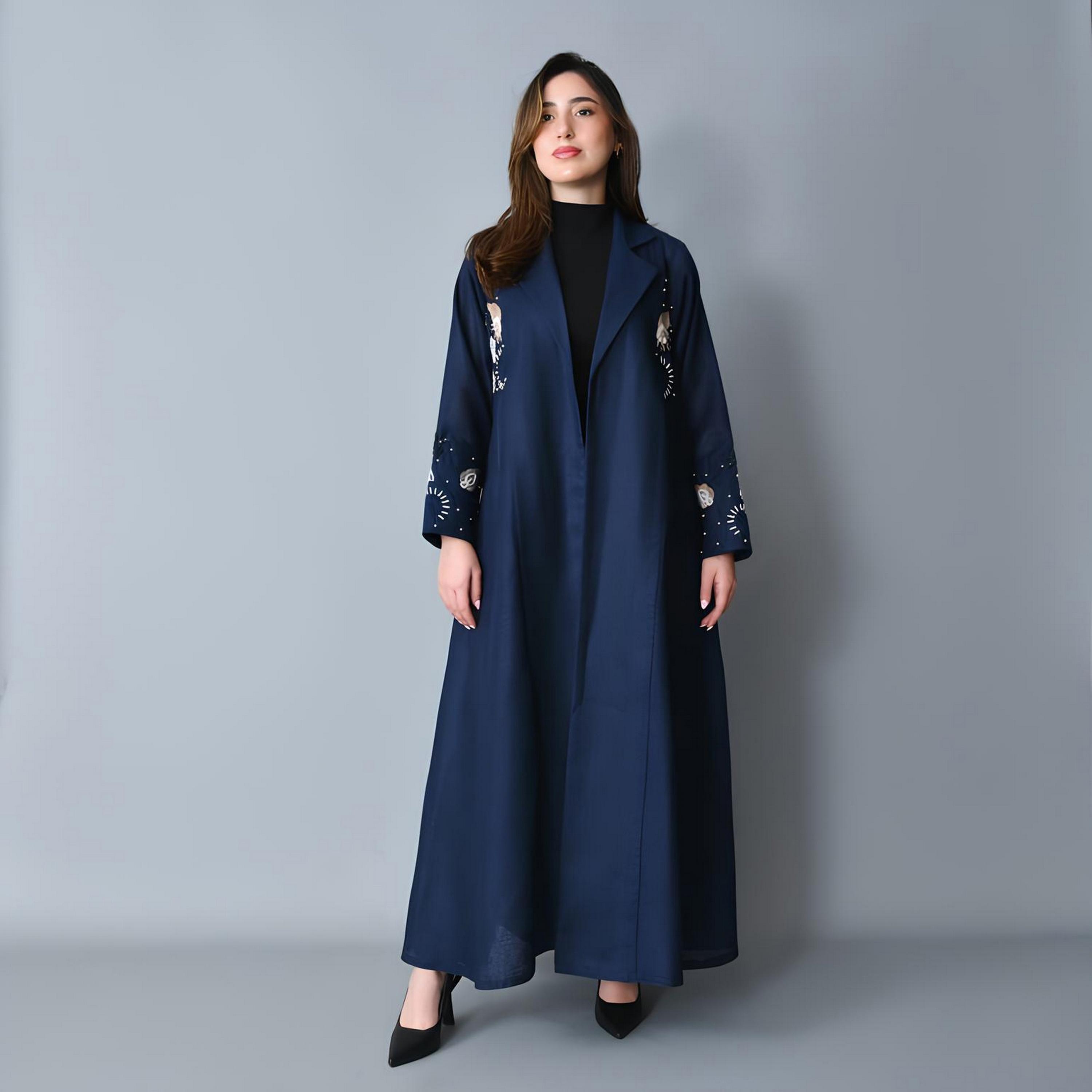 Hawraa Navy Blue Embroidered Lapel Collar Linen Women's Formal Blazer Style Abaya-women-arabicclothing-abayas-image-1