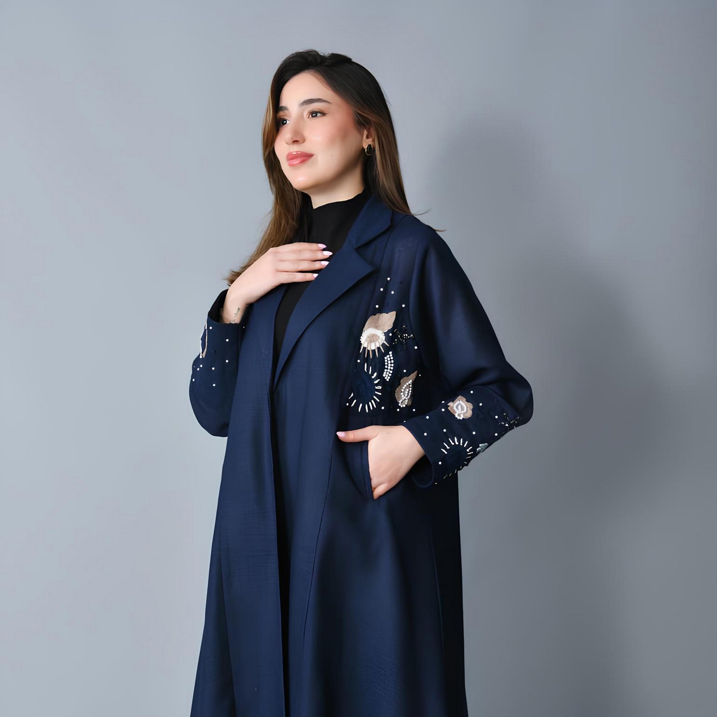 Hawraa Navy Blue Embroidered Lapel Collar Linen Women's Formal Blazer Style Abaya-women-arabicclothing-abayas-image-2