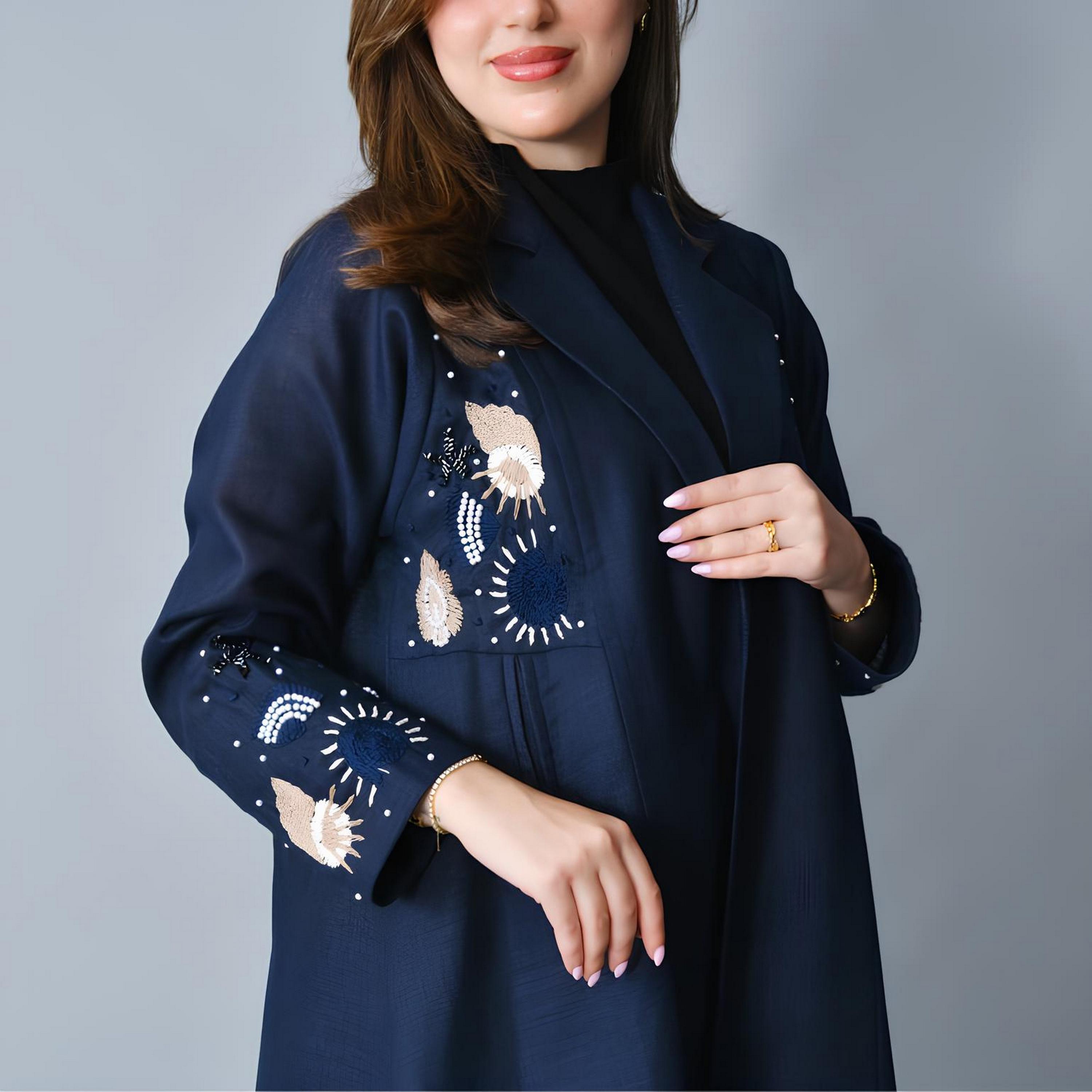 Hawraa Navy Blue Embroidered Lapel Collar Linen Women's Formal Blazer Style Abaya-women-arabicclothing-abayas-image-3