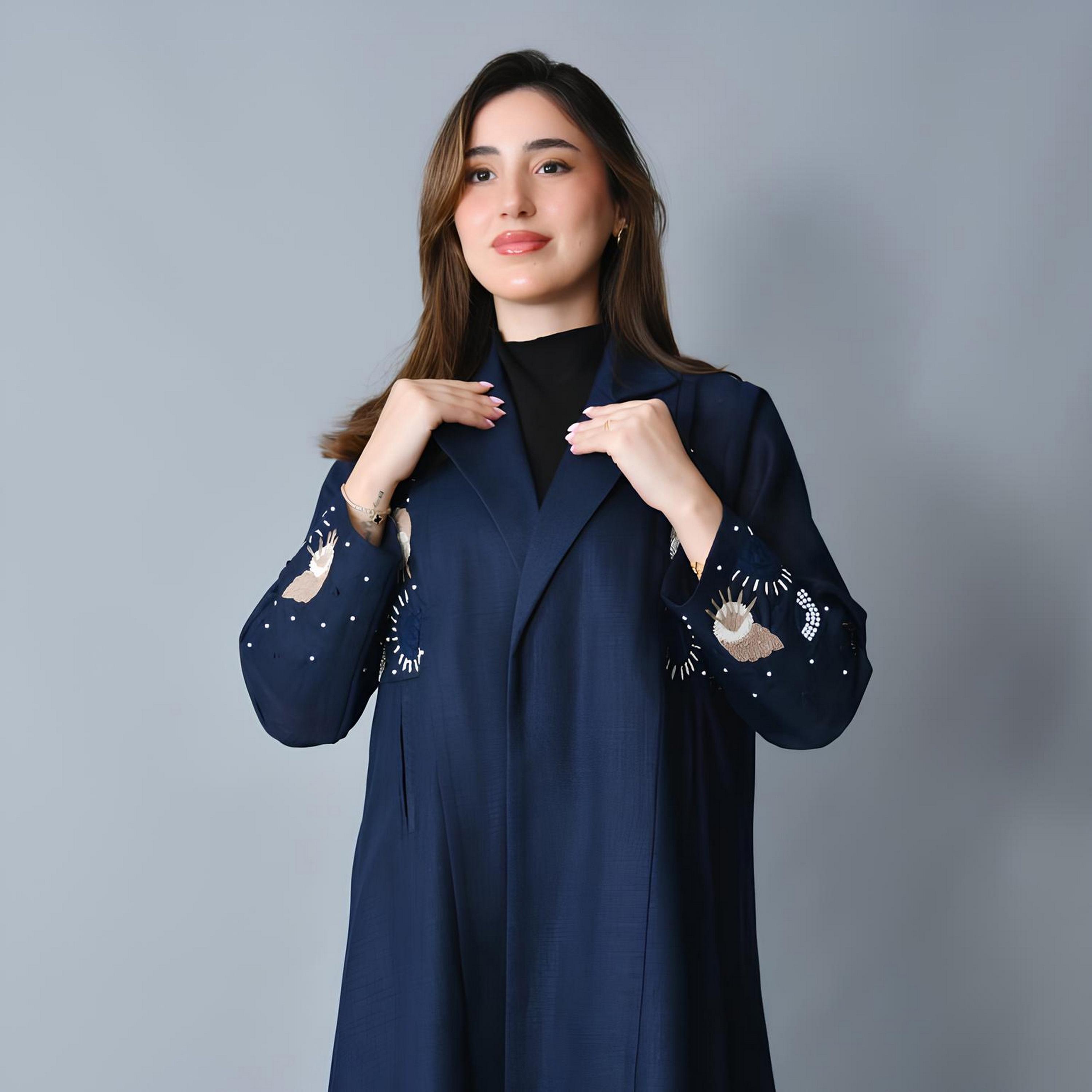 Hawraa Navy Blue Embroidered Lapel Collar Linen Women's Formal Blazer Style Abaya-women-arabicclothing-abayas-image-4