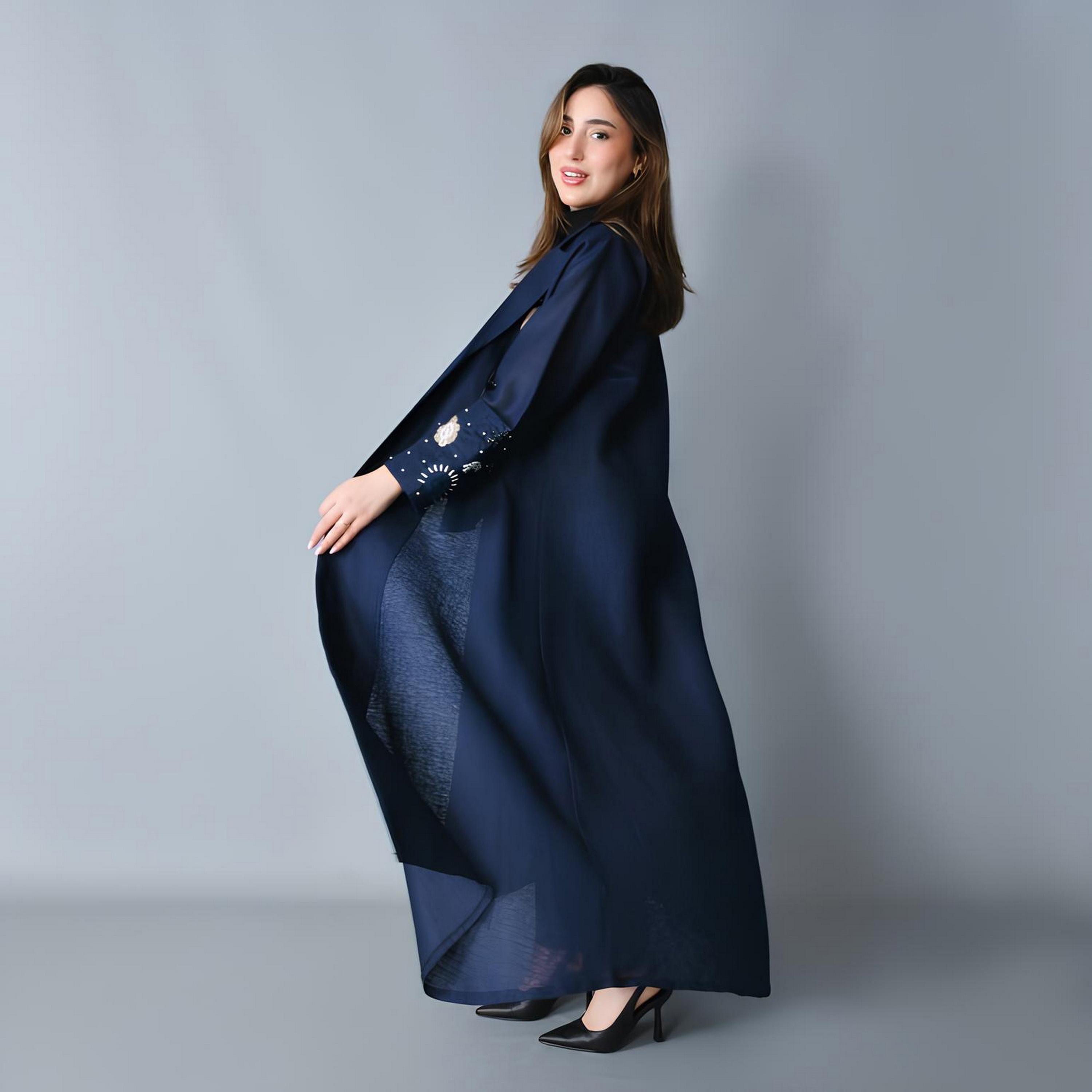 Hawraa Navy Blue Embroidered Lapel Collar Linen Women's Formal Blazer Style Abaya-women-arabicclothing-abayas-image-5