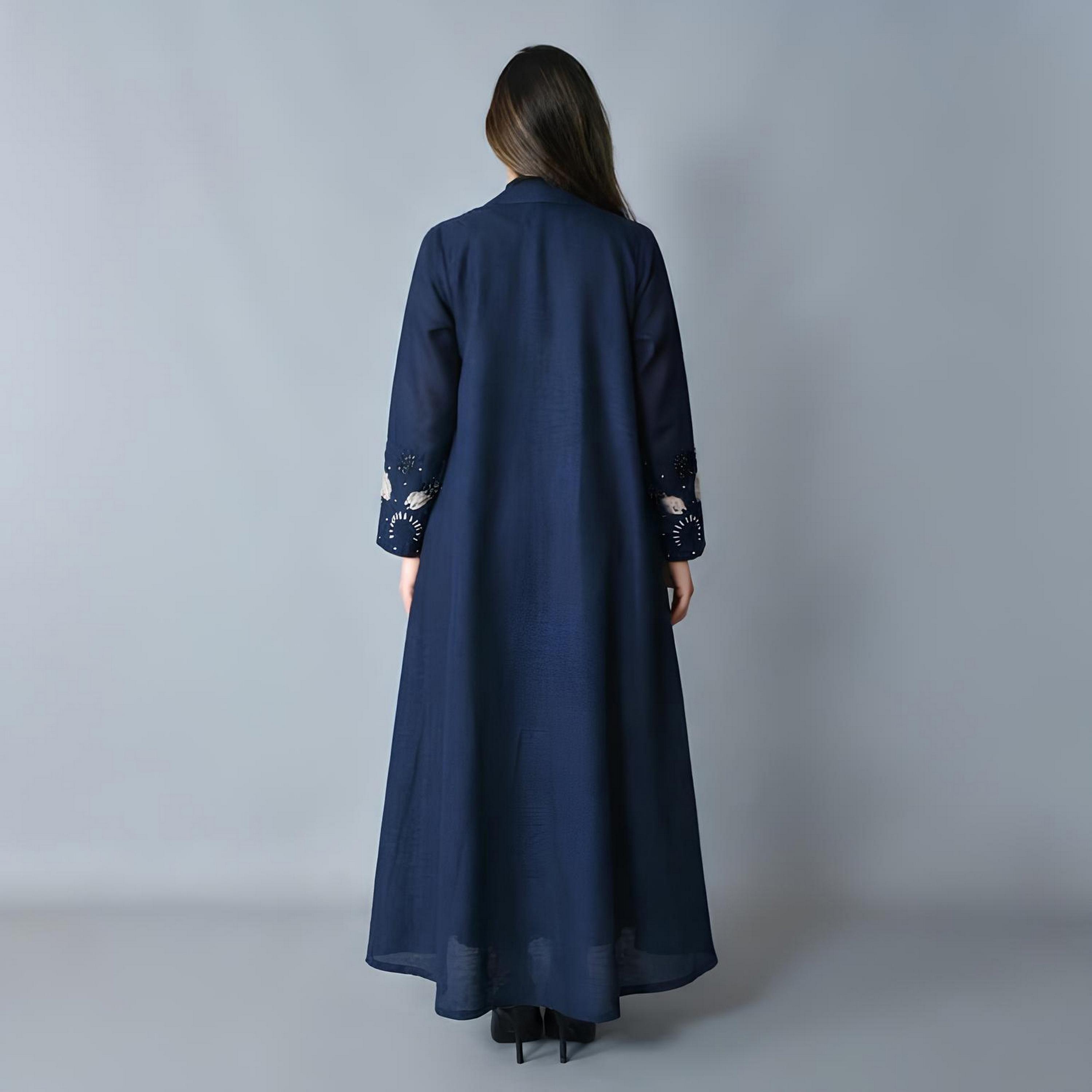 Hawraa Navy Blue Embroidered Lapel Collar Linen Women's Formal Blazer Style Abaya-women-arabicclothing-abayas-image-6