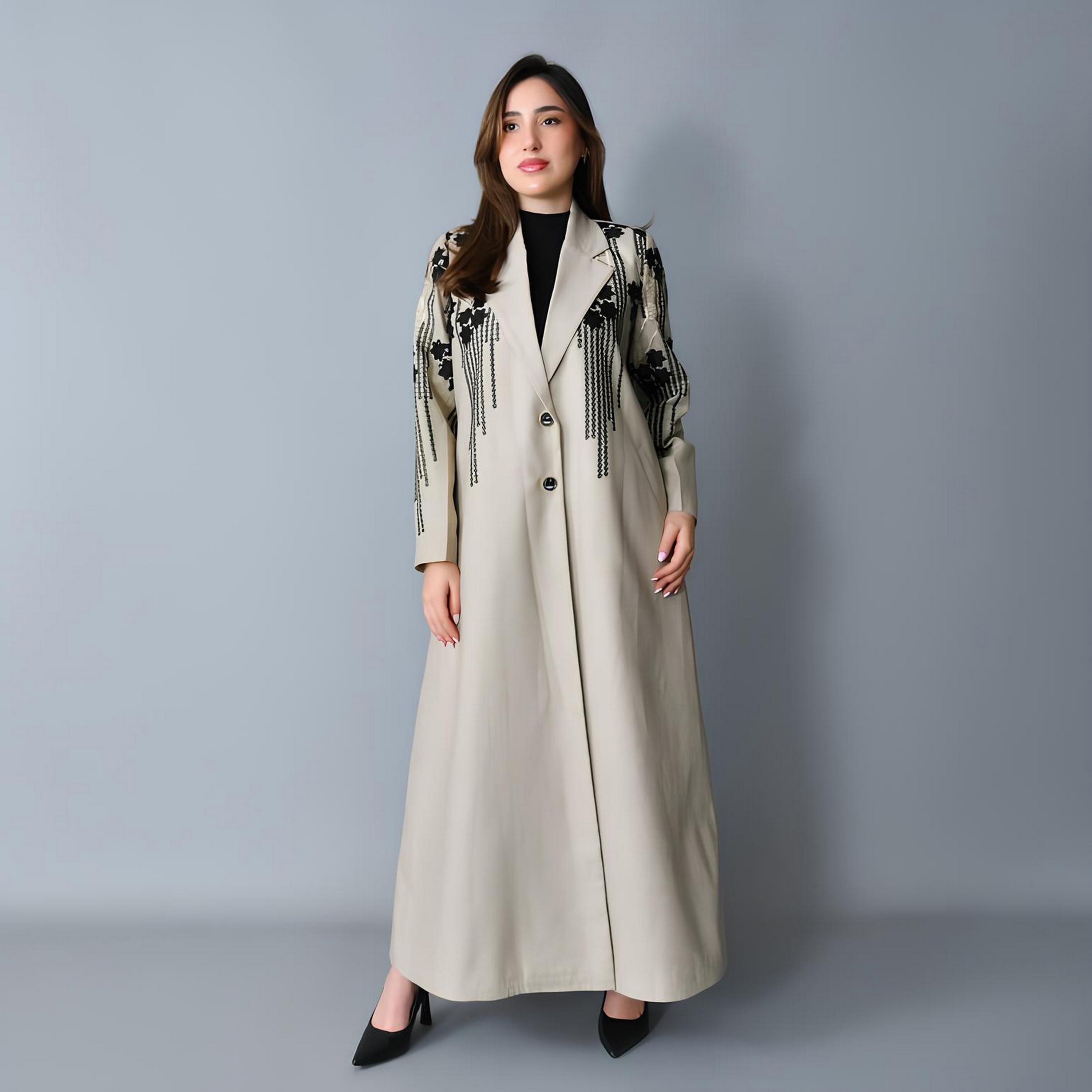 Hawraa Grey Embroidered Lapel Collar Linen Women's Formal Blazer Style Abaya-women-arabicclothing-abayas-image-1