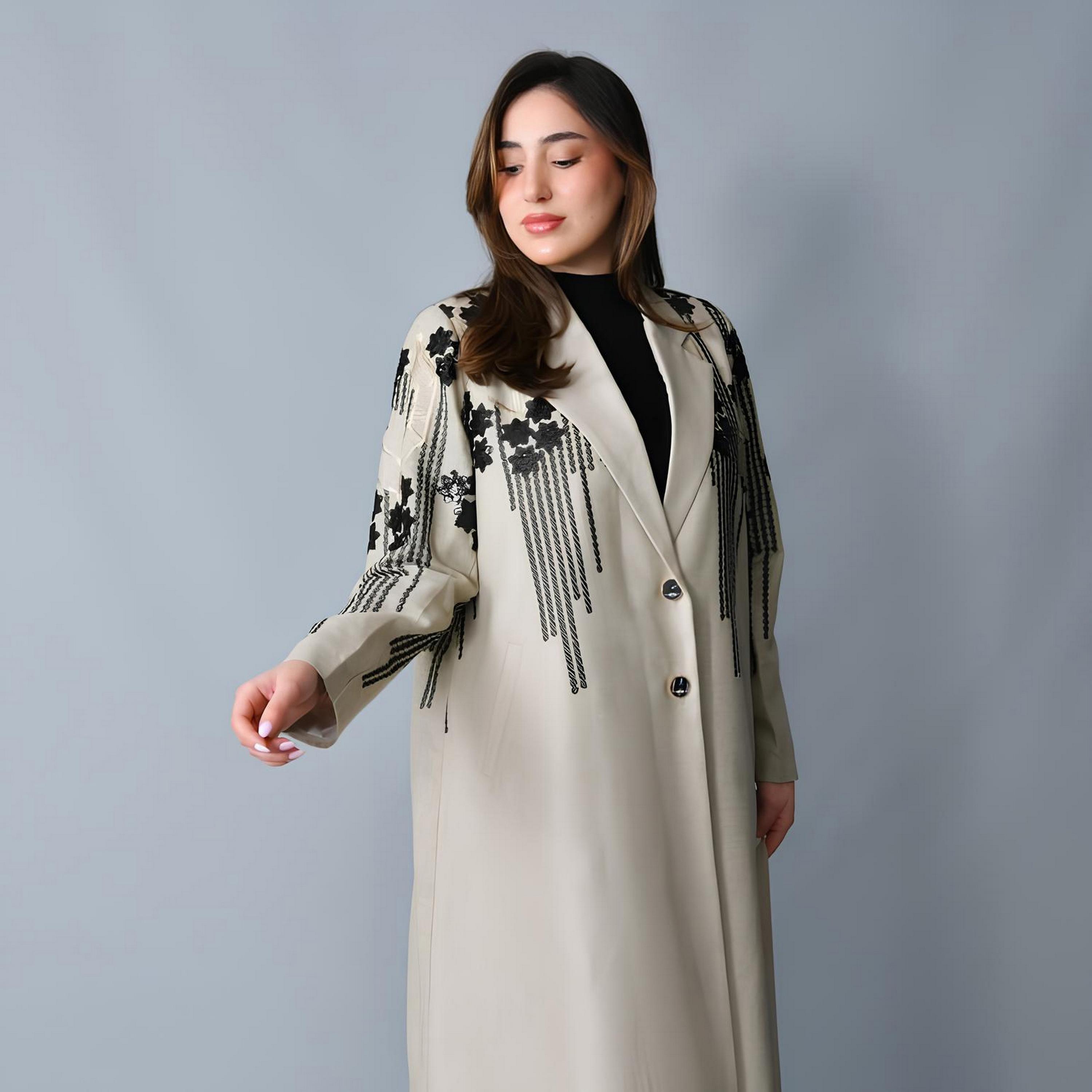 Hawraa Grey Embroidered Lapel Collar Linen Women's Formal Blazer Style Abaya-women-arabicclothing-abayas-image-2