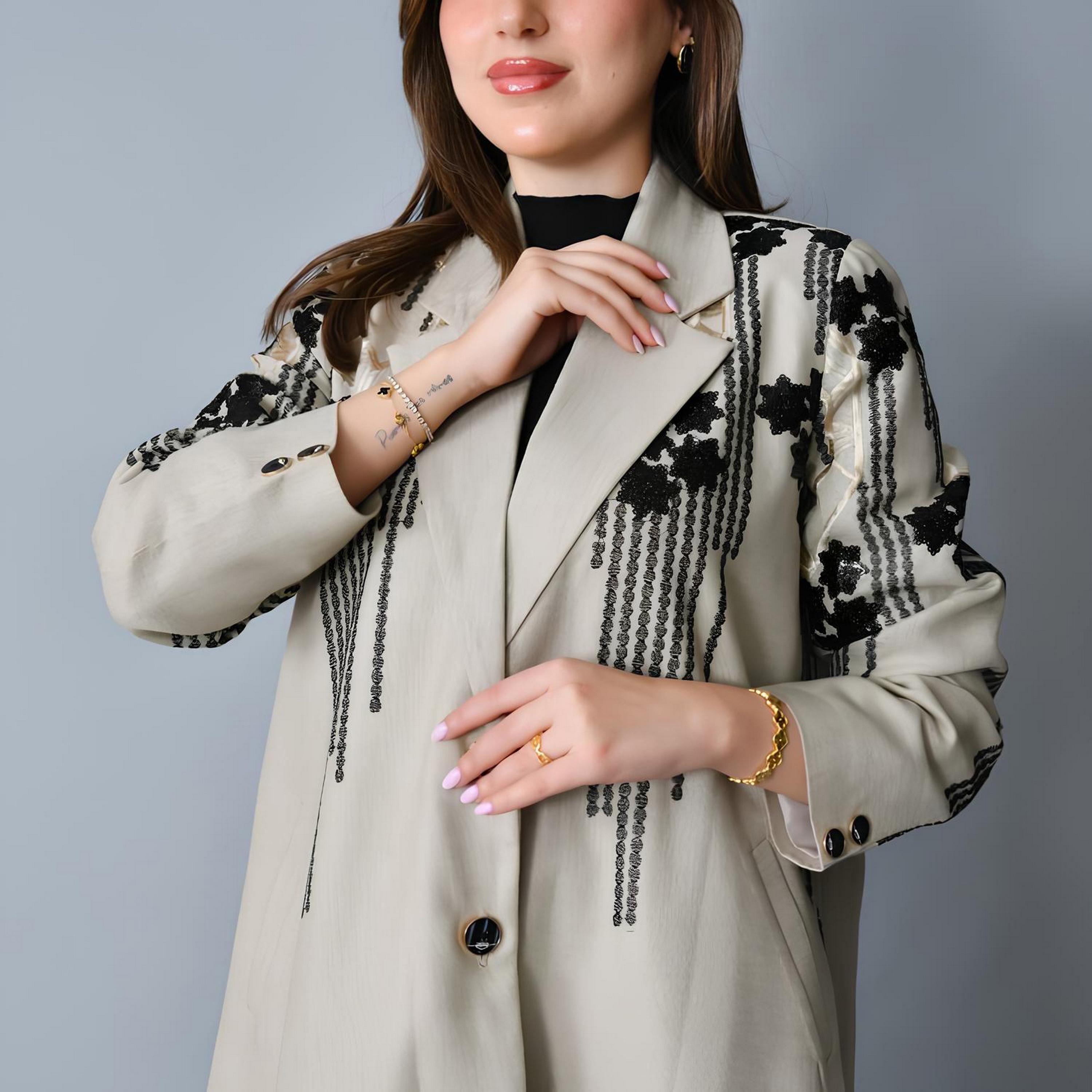 Hawraa Grey Embroidered Lapel Collar Linen Women's Formal Blazer Style Abaya-women-arabicclothing-abayas-image-3
