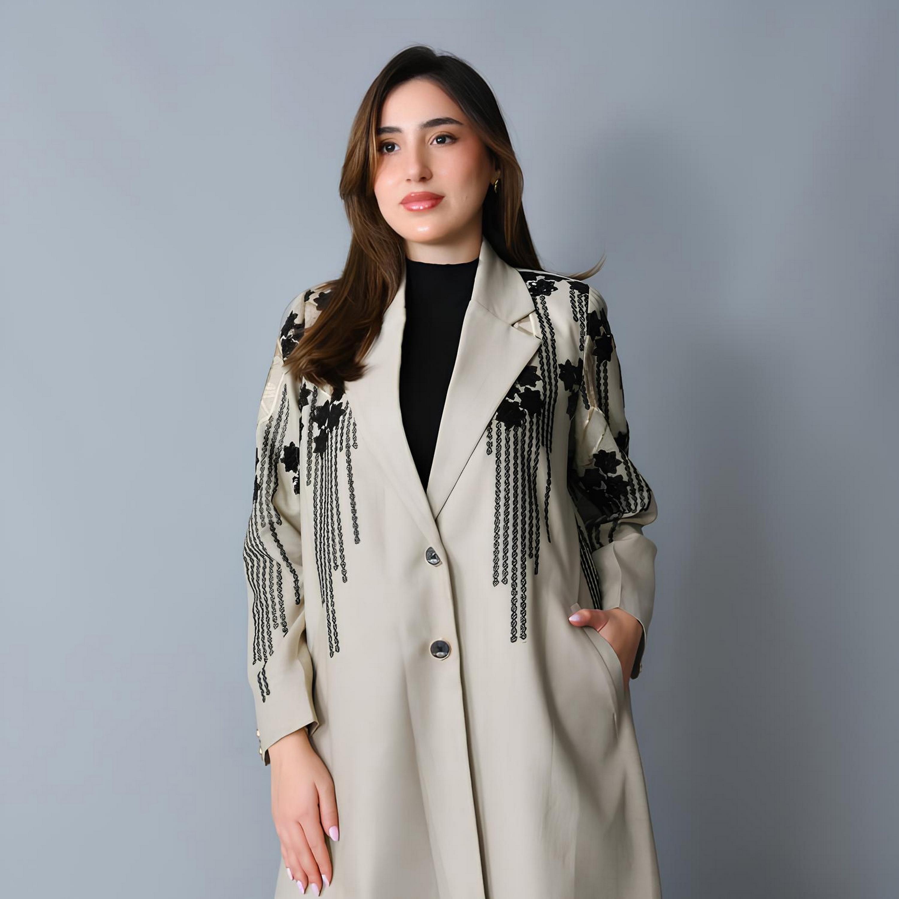 Hawraa Grey Embroidered Lapel Collar Linen Women's Formal Blazer Style Abaya-women-arabicclothing-abayas-image-4