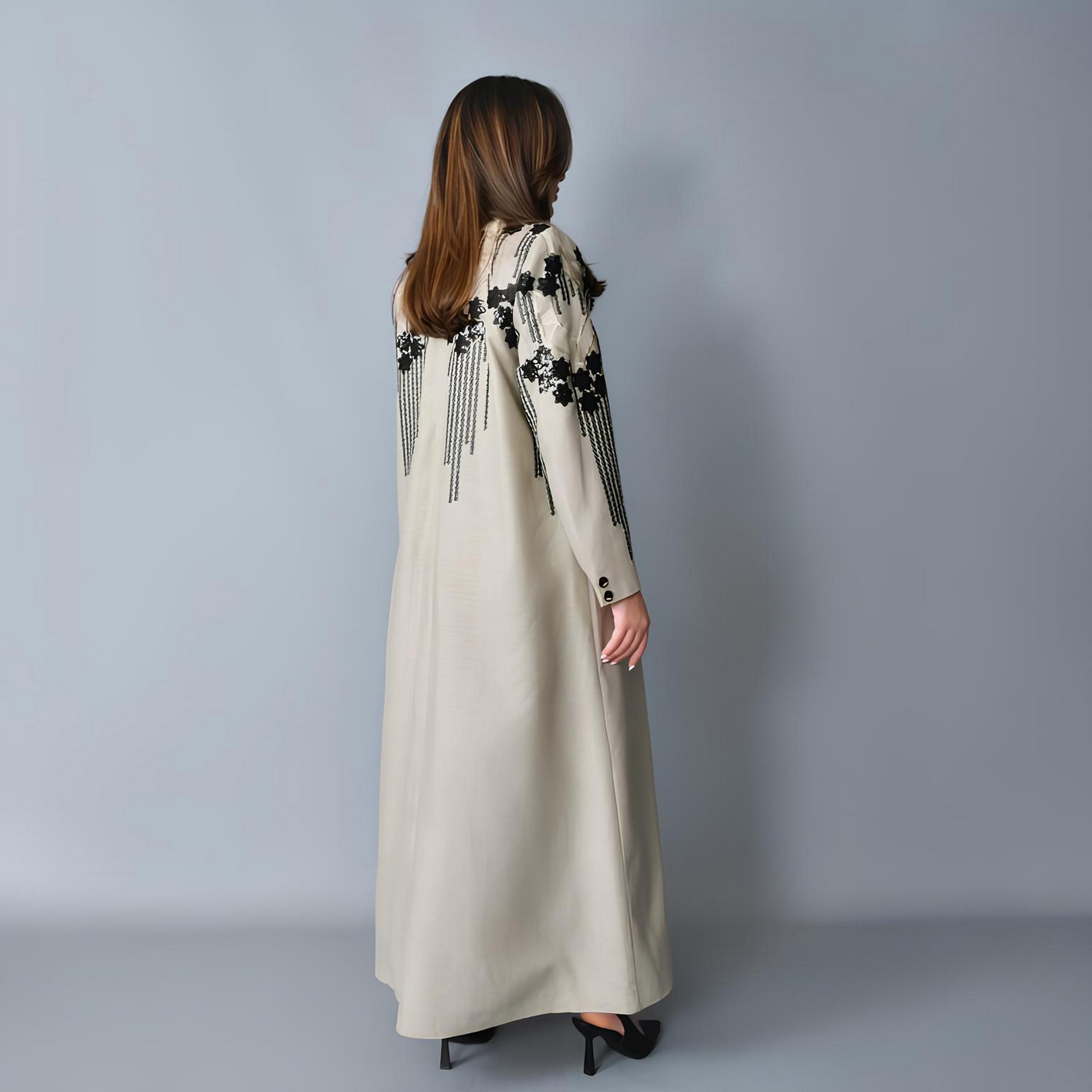 Hawraa Grey Embroidered Lapel Collar Linen Women's Formal Blazer Style Abaya-women-arabicclothing-abayas-image-5