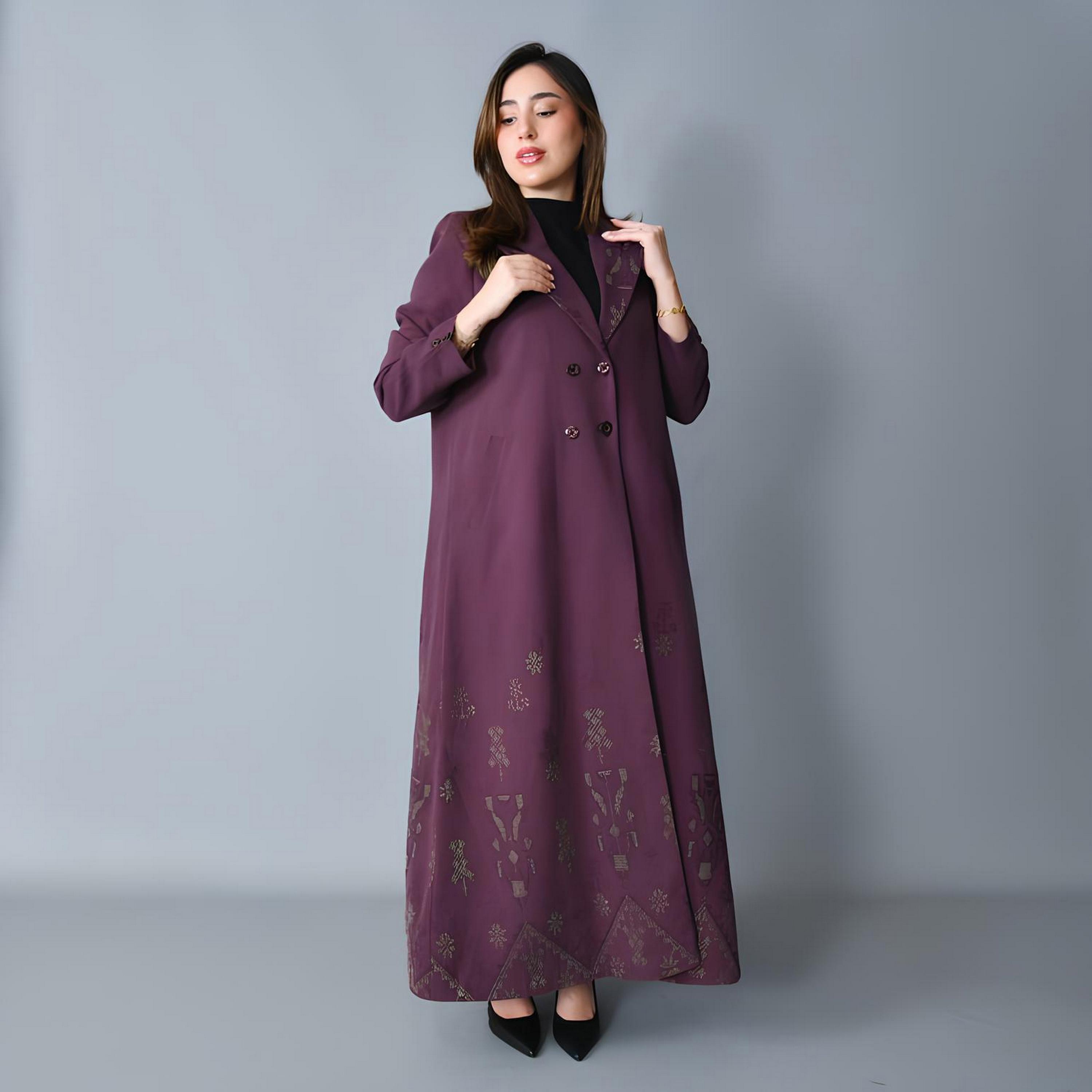 Hawraa Purple Embroidered Lapel Collar Linen Women's Formal Blazer Style Abaya-women-arabicclothing-abayas-image-1