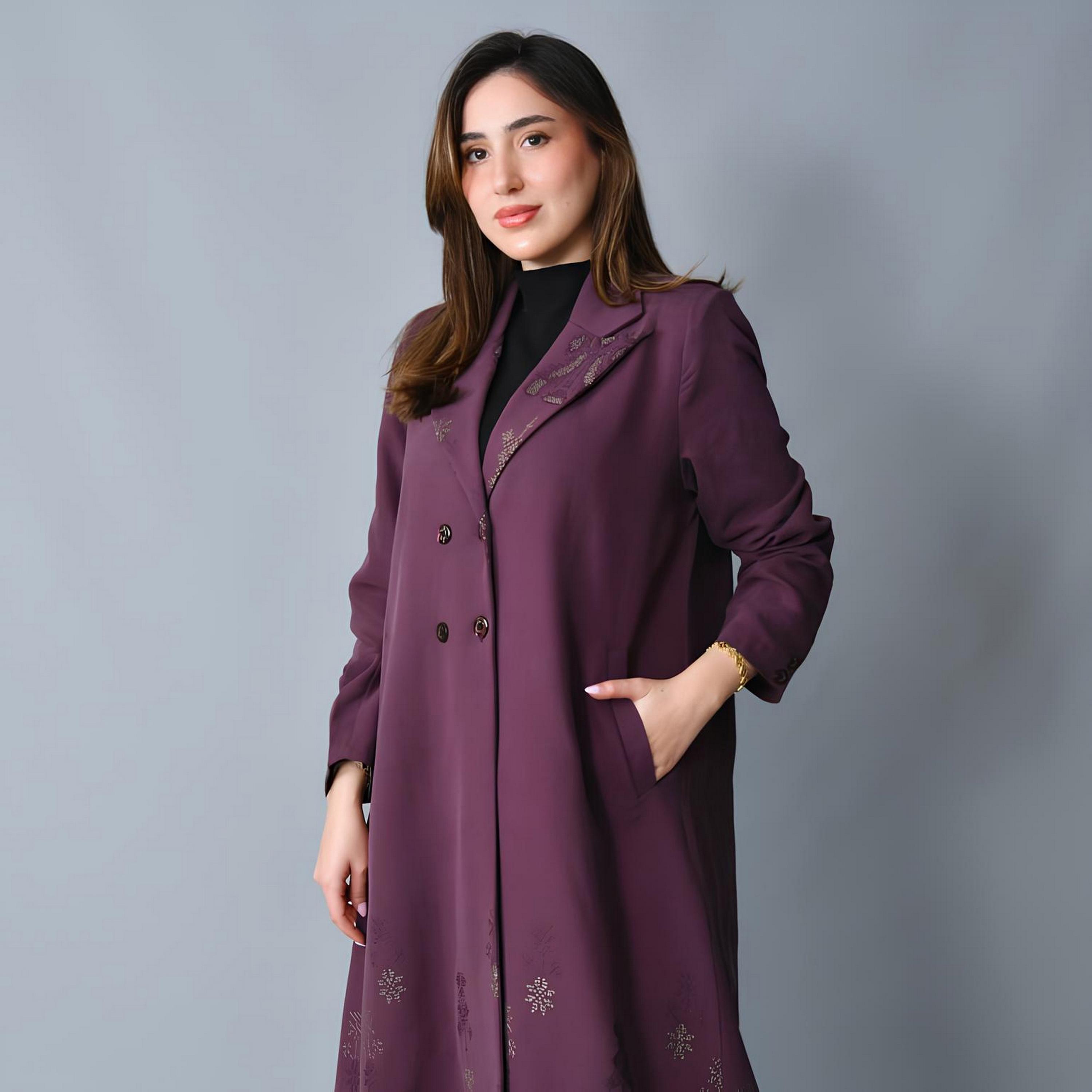 Hawraa Purple Embroidered Lapel Collar Linen Women's Formal Blazer Style Abaya-women-arabicclothing-abayas-image-2
