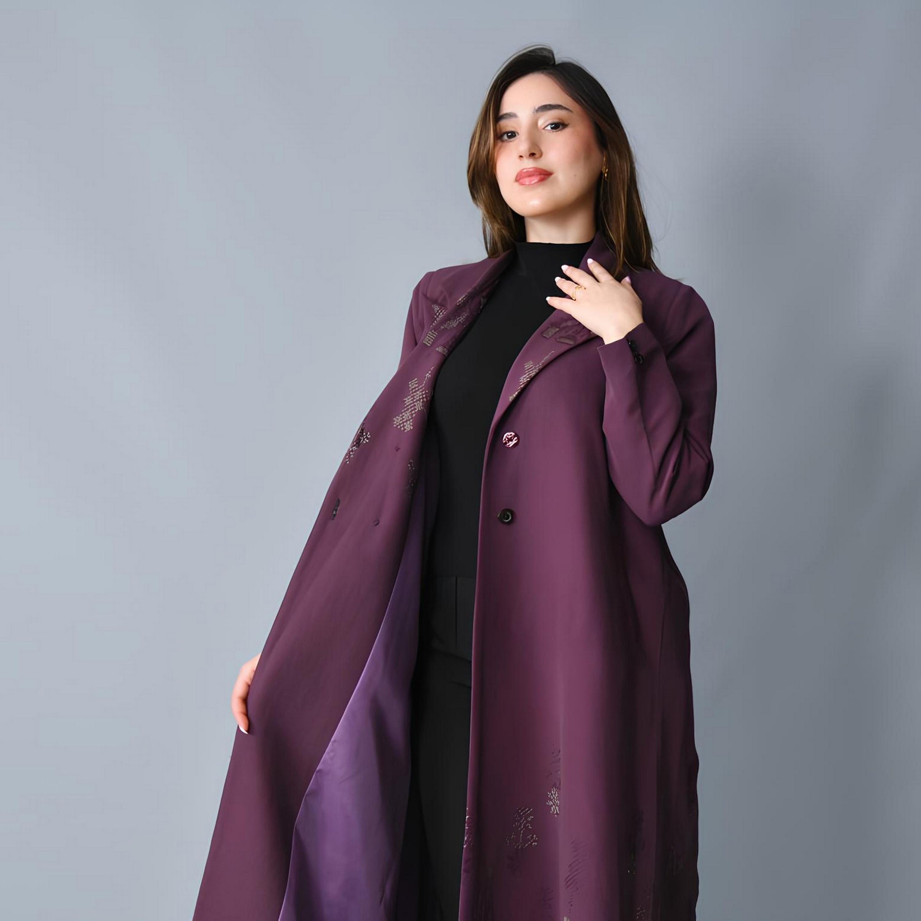 Hawraa Purple Embroidered Lapel Collar Linen Women's Formal Blazer Style Abaya-women-arabicclothing-abayas-image-3
