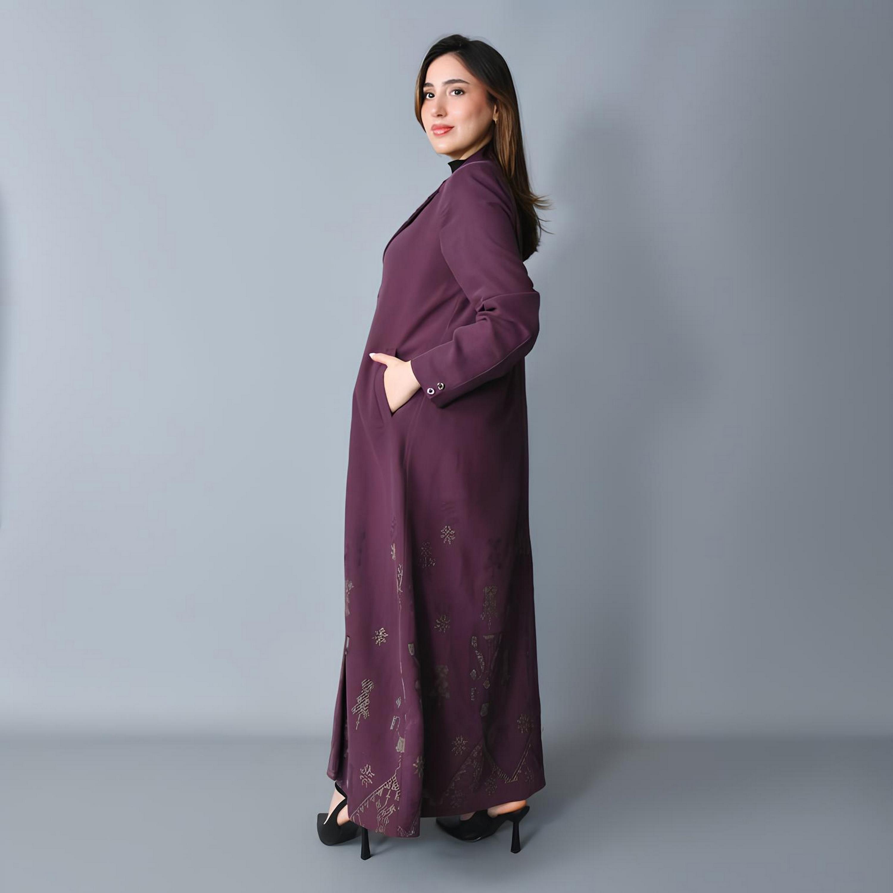 Hawraa Purple Embroidered Lapel Collar Linen Women's Formal Blazer Style Abaya-women-arabicclothing-abayas-image-5