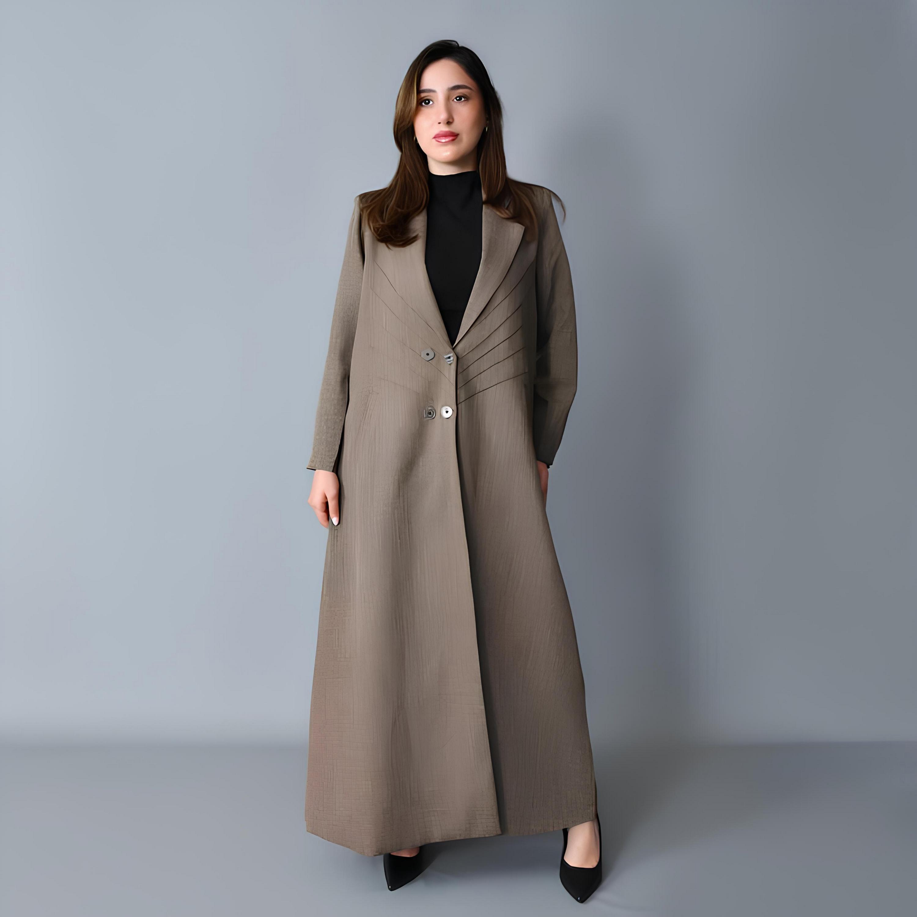 Hawraa Brown Textured Lapel Collar Linen Women's Formal Blazer Style Abaya-women-arabicclothing-abayas-image-1
