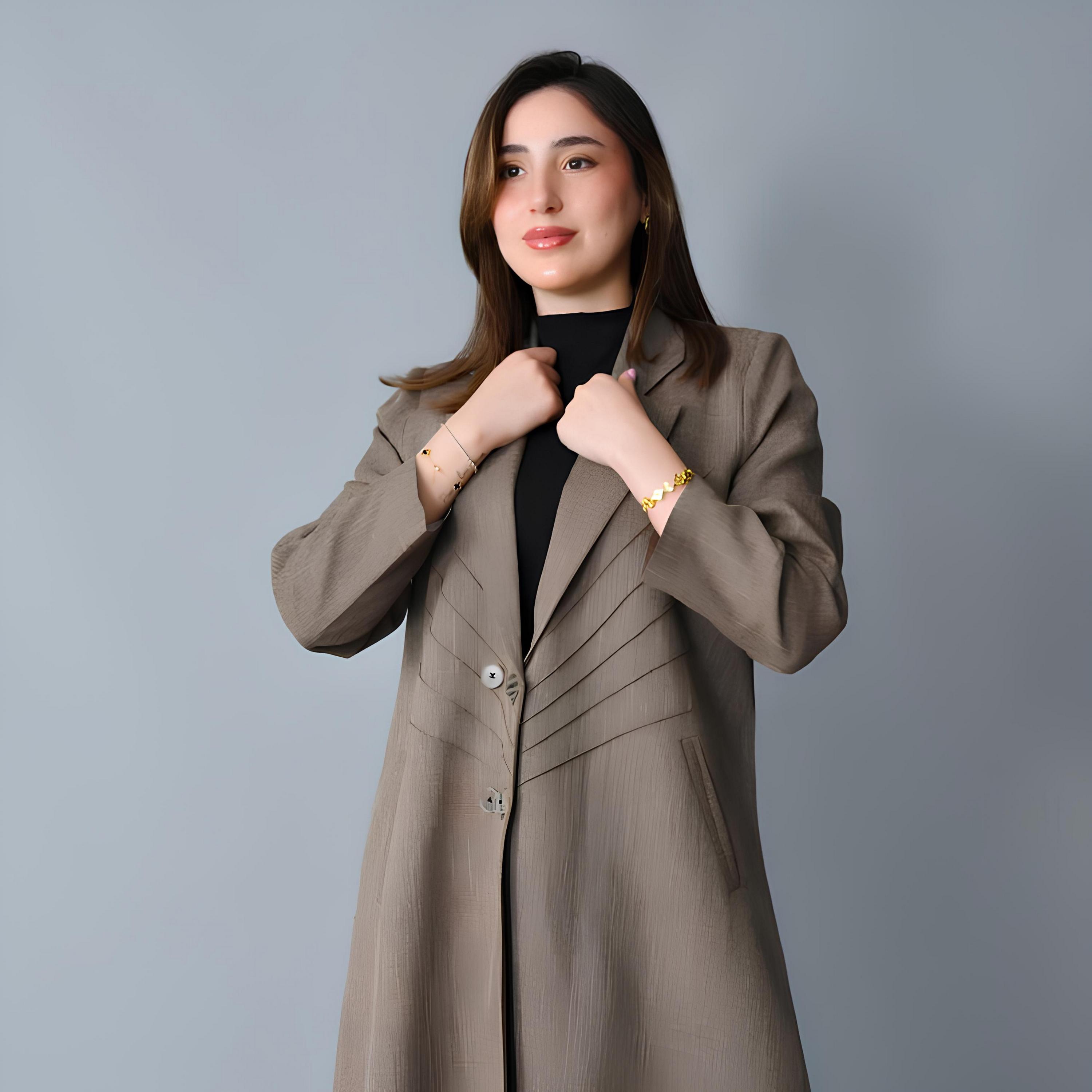Hawraa Brown Textured Lapel Collar Linen Women's Formal Blazer Style Abaya-women-arabicclothing-abayas-image-2
