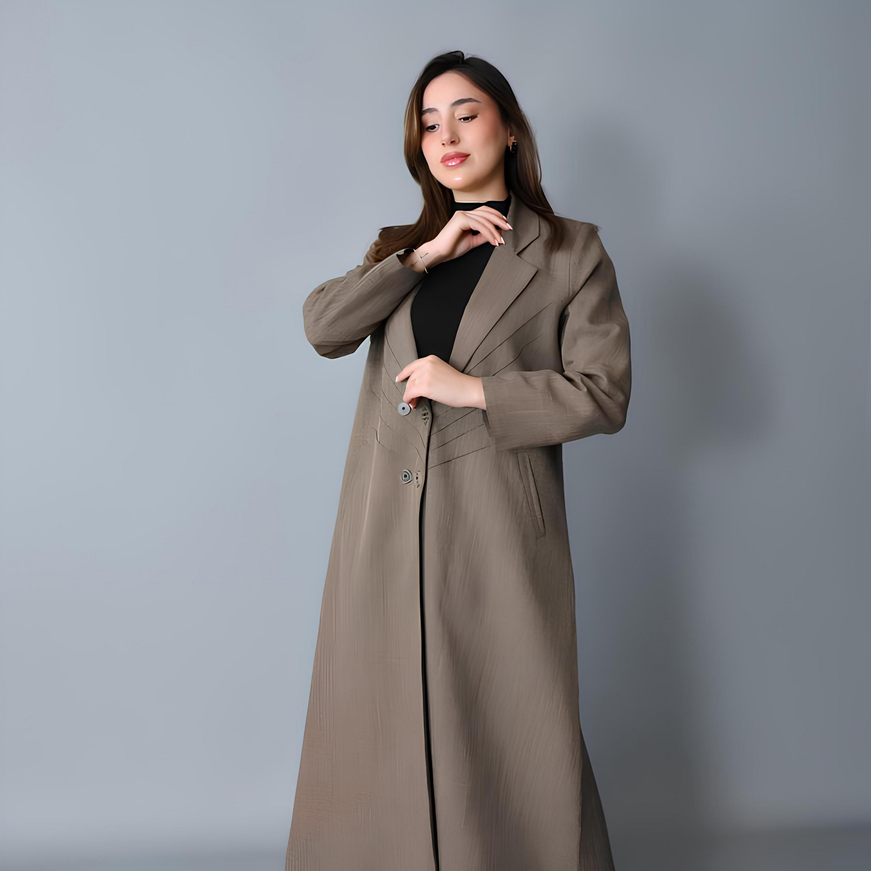 Hawraa Brown Textured Lapel Collar Linen Women's Formal Blazer Style Abaya-women-arabicclothing-abayas-image-4