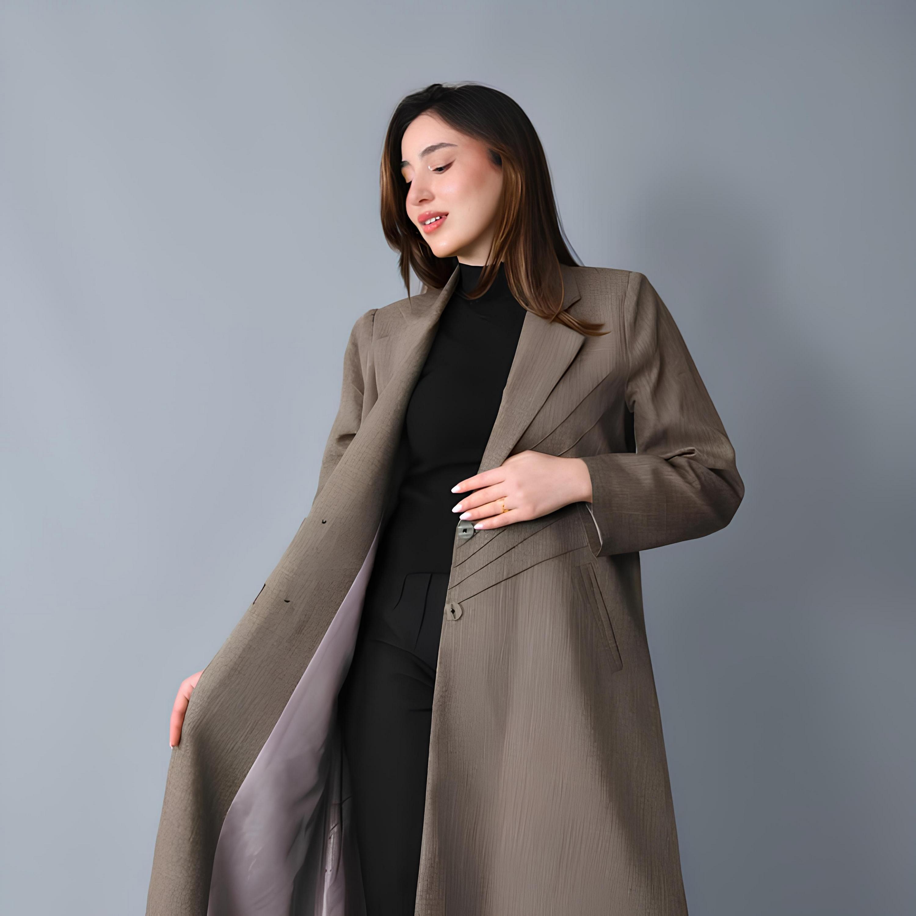 Hawraa Brown Textured Lapel Collar Linen Women's Formal Blazer Style Abaya-women-arabicclothing-abayas-image-5