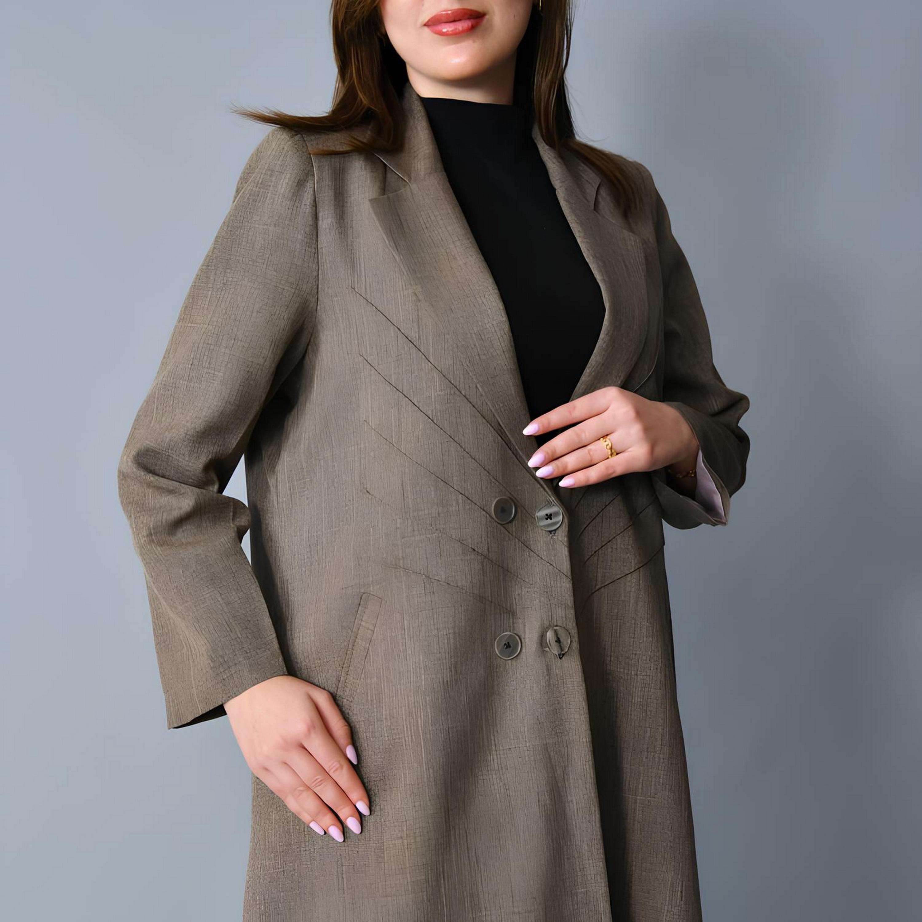 Hawraa Brown Textured Lapel Collar Linen Women's Formal Blazer Style Abaya-women-arabicclothing-abayas-image-6