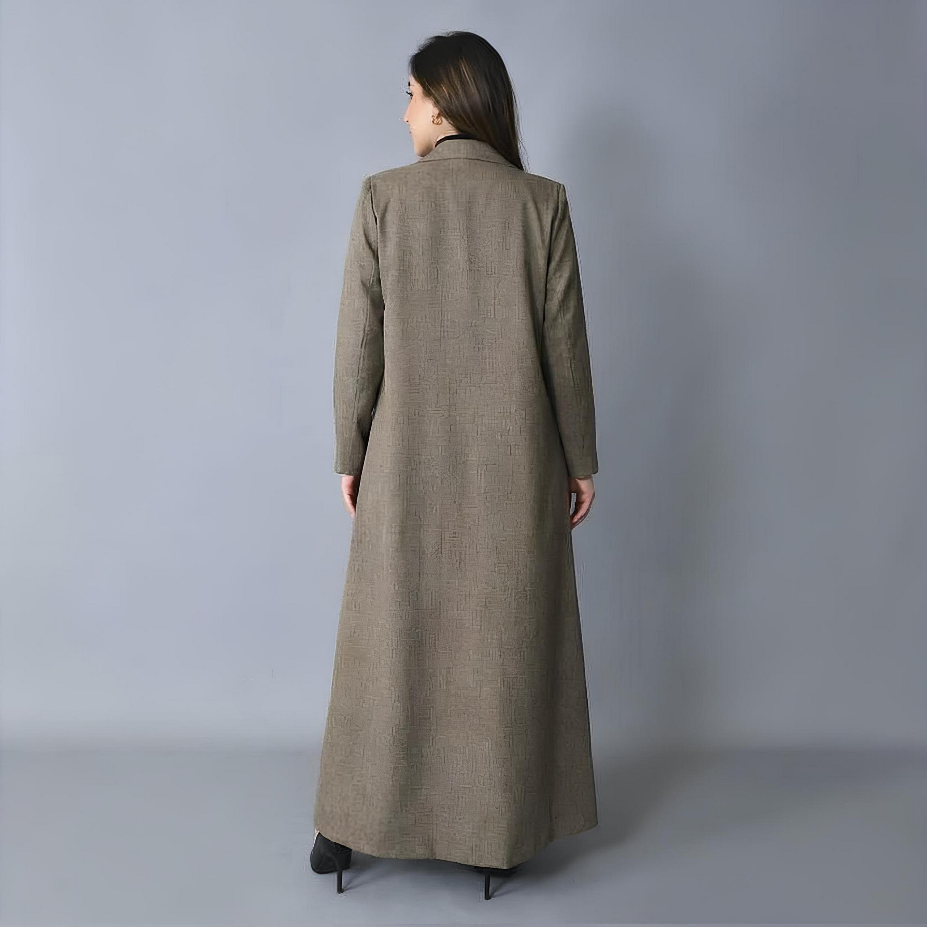 Hawraa Brown Textured Lapel Collar Linen Women's Formal Blazer Style Abaya-women-arabicclothing-abayas-image-7