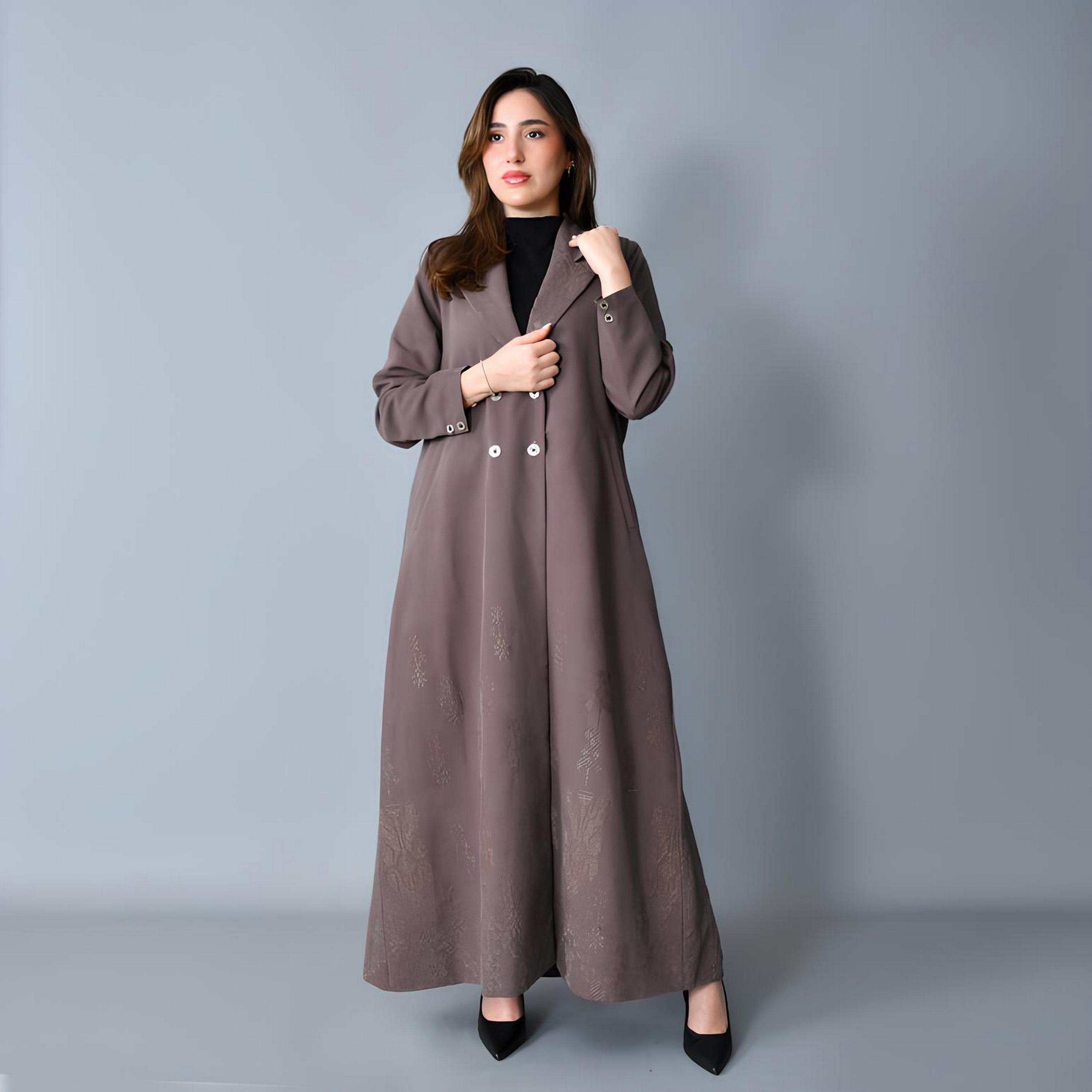 Hawraa Mocha Jacquard Lapel Collar Linen Women's Formal Blazer Style Abaya-women-arabicclothing-abayas-image-1